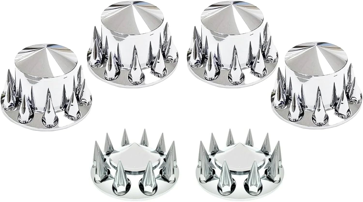 BRAND, CATEGORY, FORTPRO, LUG NUT COVERS, Fortpro Semi Truck Chrome Rear Axle Wheel Cone Style Cover Combo Kit w/33 mm Spike Thread-On Nuts Covers , F247510