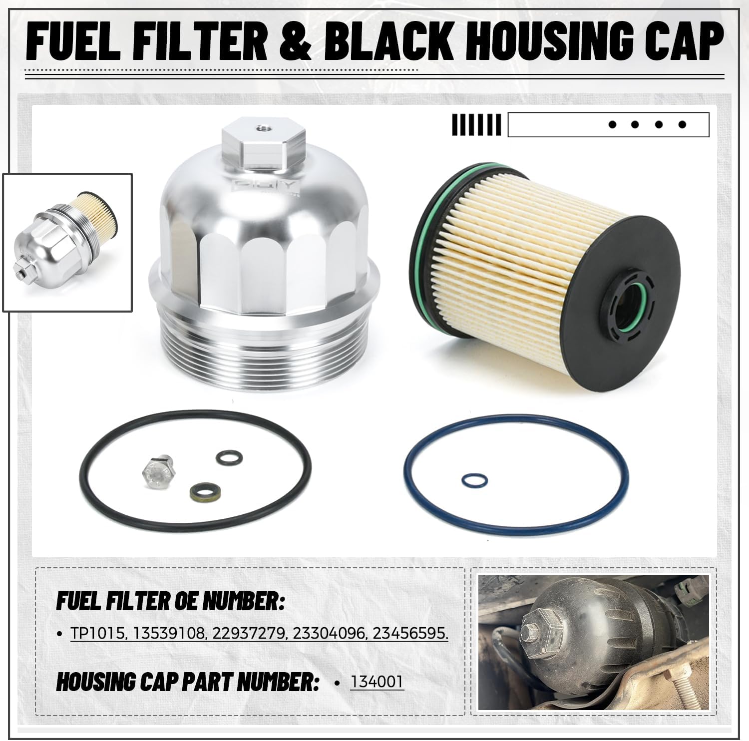 BRAND, CATEGORY, FUEL FILTERS, PQY, Fuel Filter Housing Cap and TP1015 Fuel Filter Compatible with Chevy/GMC 6.6L L5P Duramax Diesel 134001 2500HD 3500HD 2017-2019 (black)