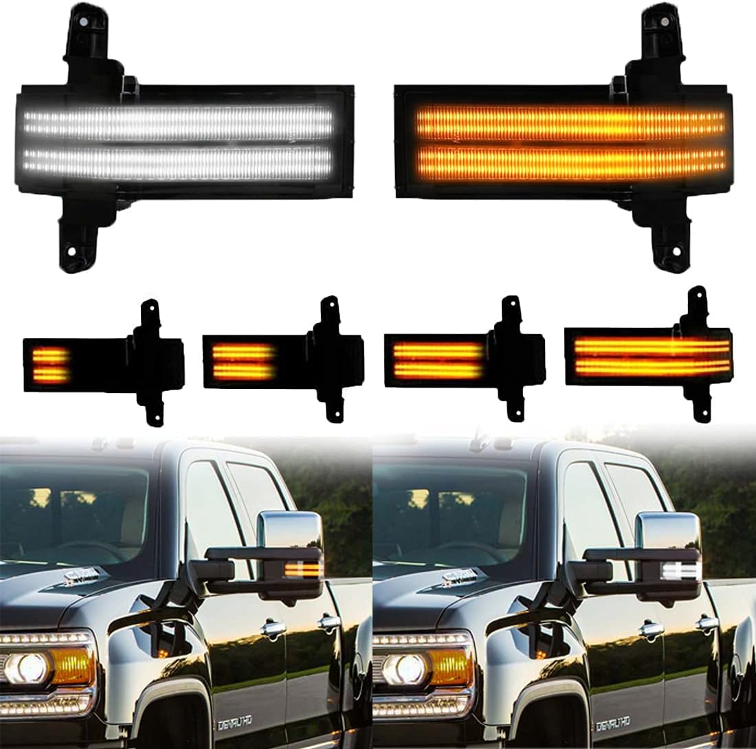 BRAND, CATEGORY, GEMPRO, SIDE MARKER & TURN SIGNAL COMBOS, Gempro 2Pcs Switchback White & Dynamic Amber LED Side Mirror Marker Light Turn Signal Direction Indicator lamp For Chevrolet Silverado 1500 2500HD 3500HD GMC Sierra 1500 2500HD 3500HD,Smoke Lens