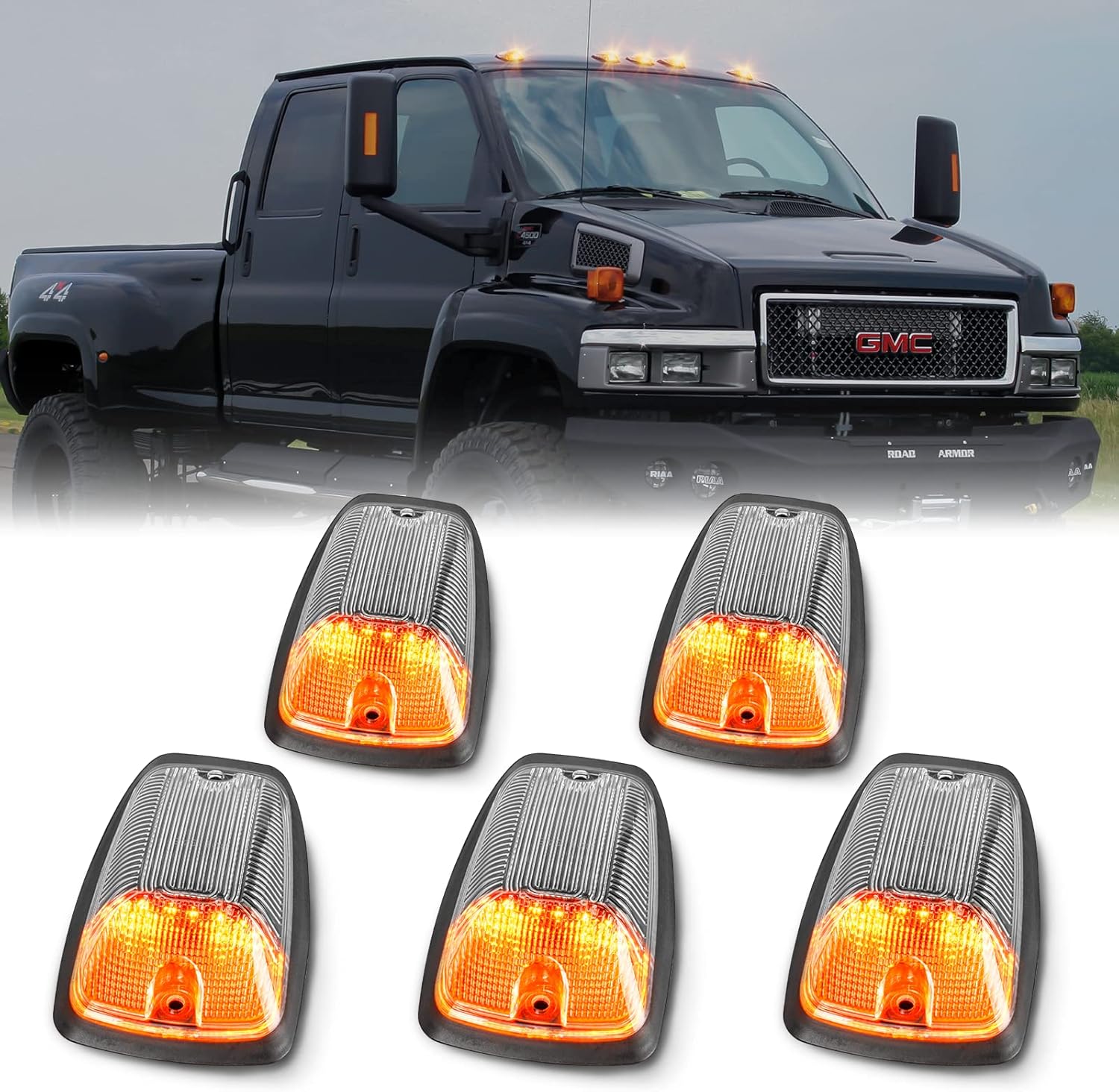 BRAND, CATEGORY, GEMPRO, TOP CLEARANCE MARKER ASSEMBLIES, Gempro LED Cab Roof Marker Lights Top Clearance Running Lights for 1988-2002 Chevy/GMC C/K 1500 2500 3500 5500 Pickup Trucks Cab Marker Lamps, 5PCS (Smoked Len Amber LED)