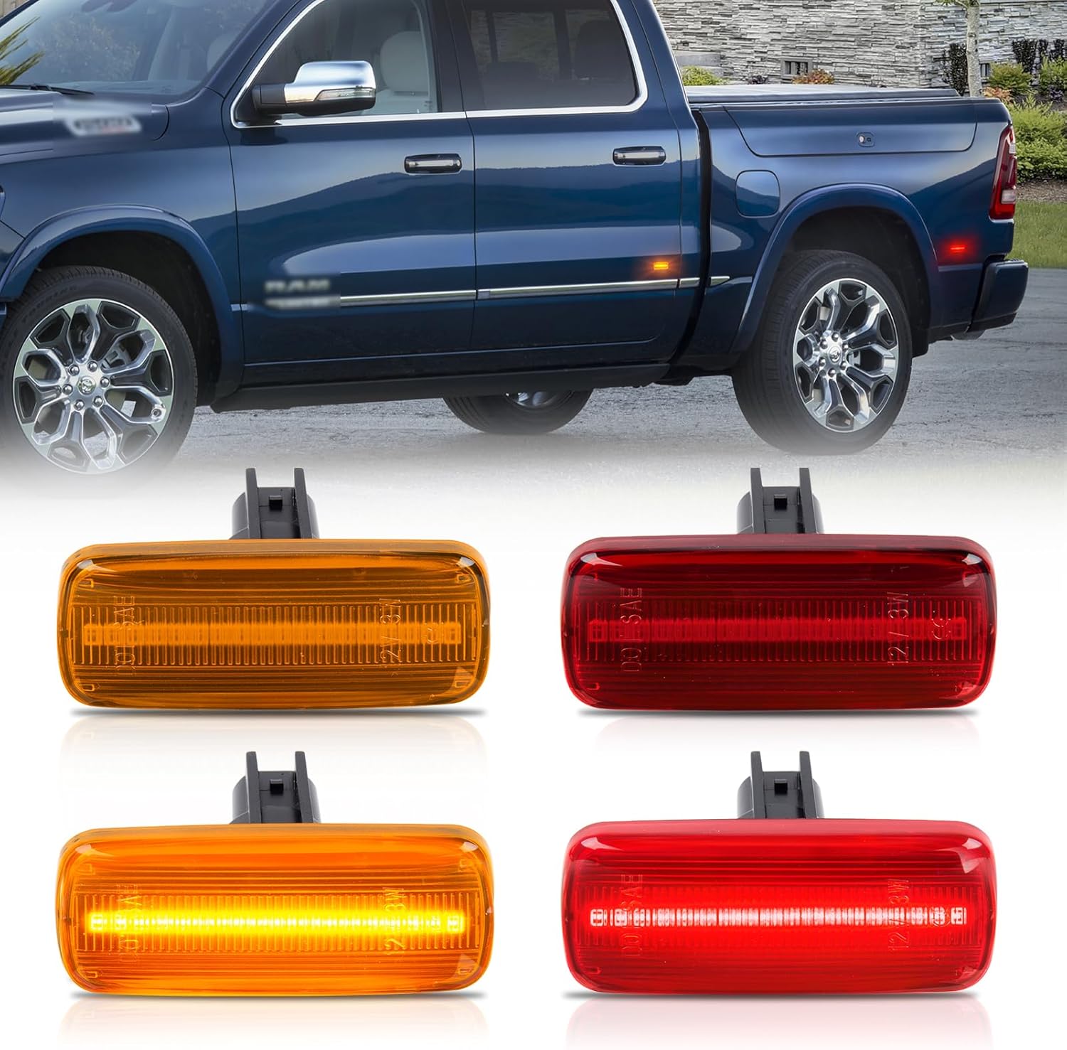 BRAND, CATEGORY, GEMPRO, SIDE MARKER ASSEMBLIES, Gempro LED Dually Fender Side Marker Lights for 2010-2018 Dodge Ram 2500 3500 Amber Red Dual Rear Wheel Bed Marker Lamps, Smoked Len 4PCS (Smoked Len)