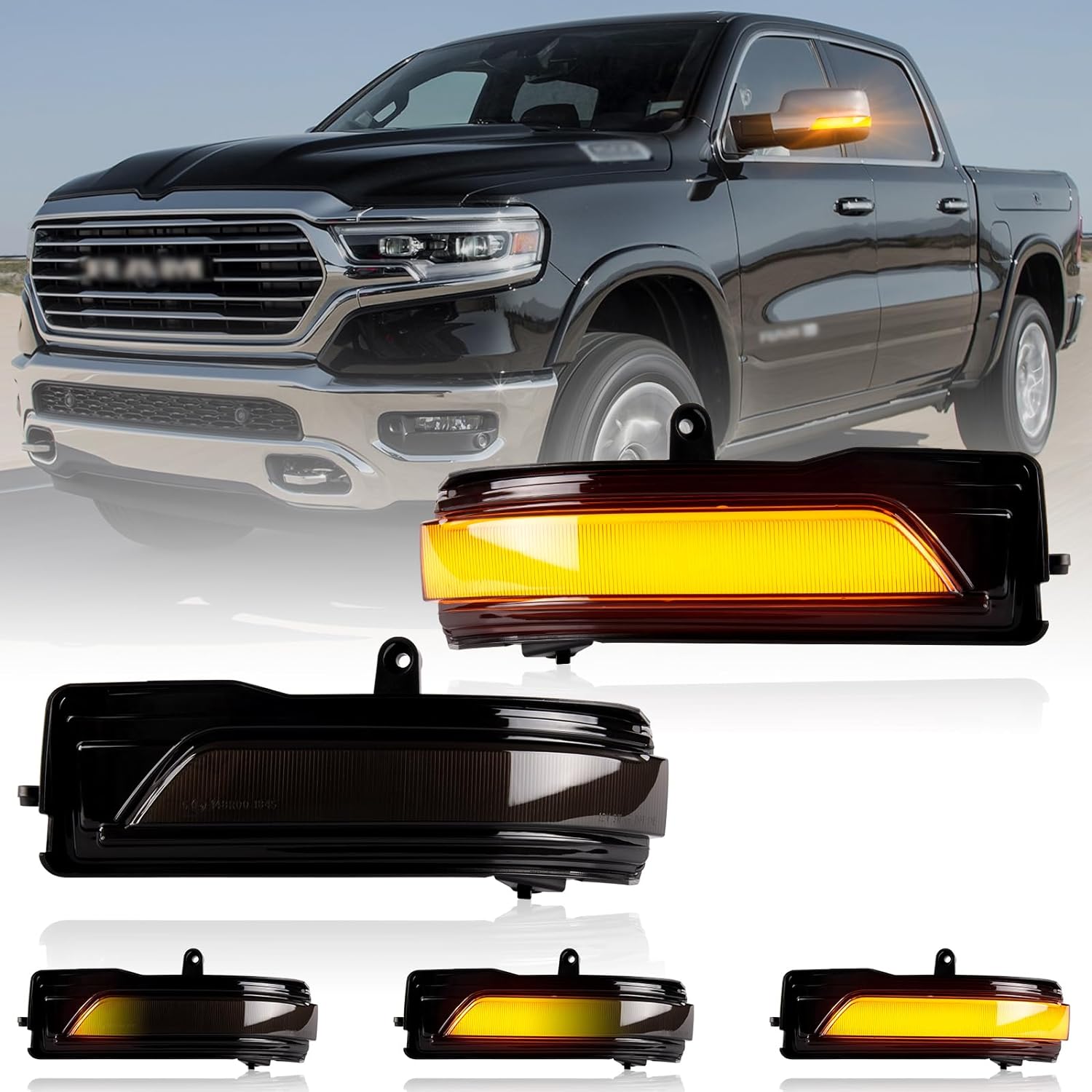 BRAND, CATEGORY, GEMPRO, SIDE MARKER & TURN SIGNAL COMBOS, Gempro LED Sequential Amber Side Mirror Marker Turn Signal Lights for 2019-2023 Dodge RAM 1500 Towing Mirror Lamps, Smoked Len