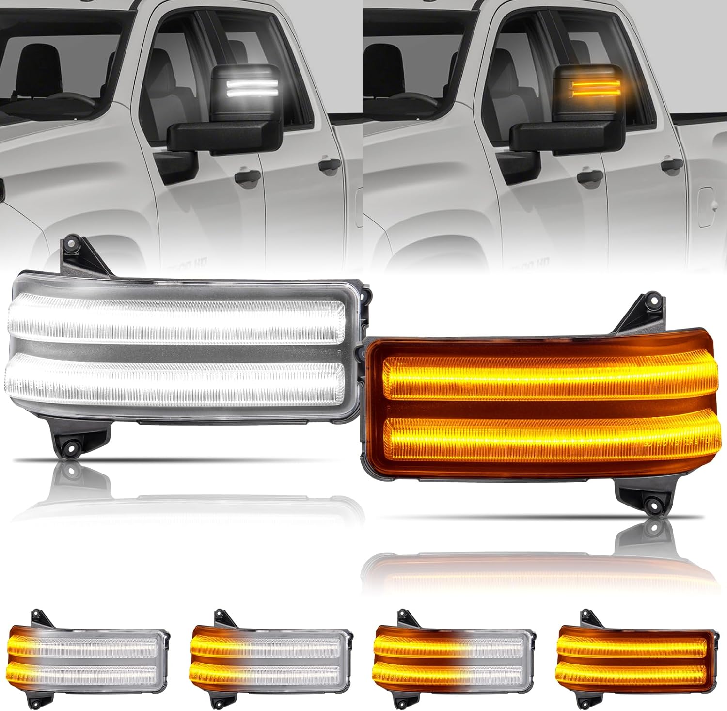 BRAND, CATEGORY, GEMPRO, SIDE MARKER & TURN SIGNAL COMBOS, Gempro LED Sequential Amber Side Mirror Marker Turn Signals White Parking Cargo Lights Switchback Tow Mirror Lamps for 2020-2024 Chevy Silverado/GMC Sierra 2500 3500, Clear Len