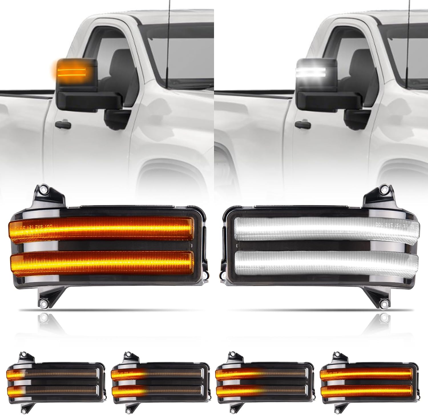 BRAND, CATEGORY, GEMPRO, SIDE MARKER & TURN SIGNAL COMBOS, Gempro LED Sequential Amber Side Mirror Marker Turn Signals White Parking Cargo Lights Switchback Tow Mirror Lamps for 2020-2024 Chevy Silverado/GMC Sierra 2500 3500, Smoked Len