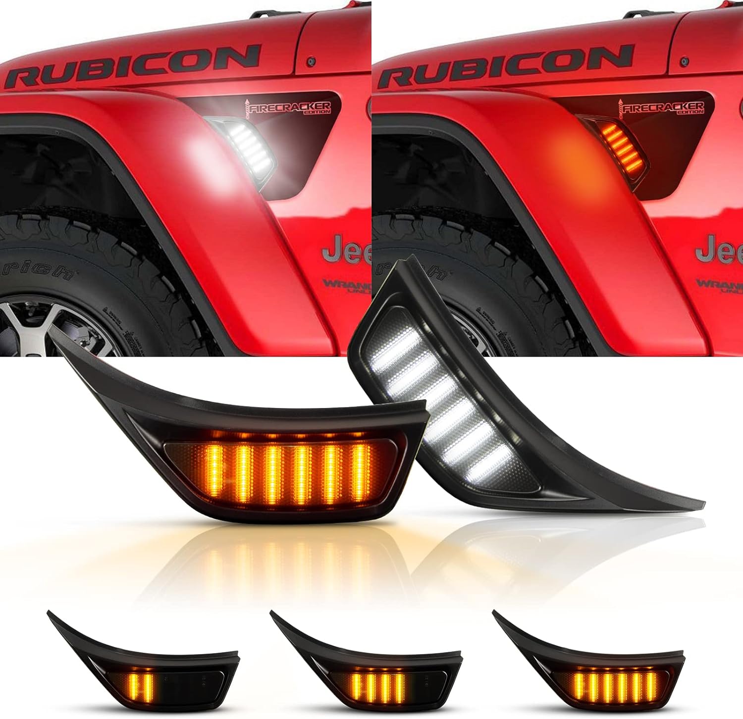 BRAND, CATEGORY, GEMPRO, SIDE MARKER ASSEMBLIES, Gempro LED Sequential Side Marker Light Front Fender Vent Light for Jeep Wrangler JL JLU 2018-2023 ​Switchback Turn Signal Lamp Assembly Smoked Black, 2PCS