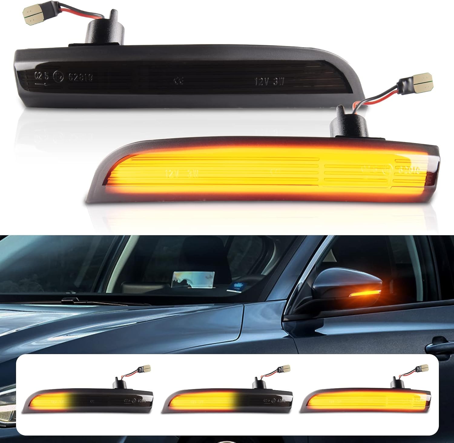 BRAND, CATEGORY, GEMPRO, SIDE MARKER & TURN SIGNAL COMBOS, Gempro LED Side Mirror Turn Signal Light Sequential Amber Mirror Lamps for 2013-2018 Ford Escape Ecosport, 2012-2018 Focus ST SE RS, C-Max 2013-2017 (Smoked Len)