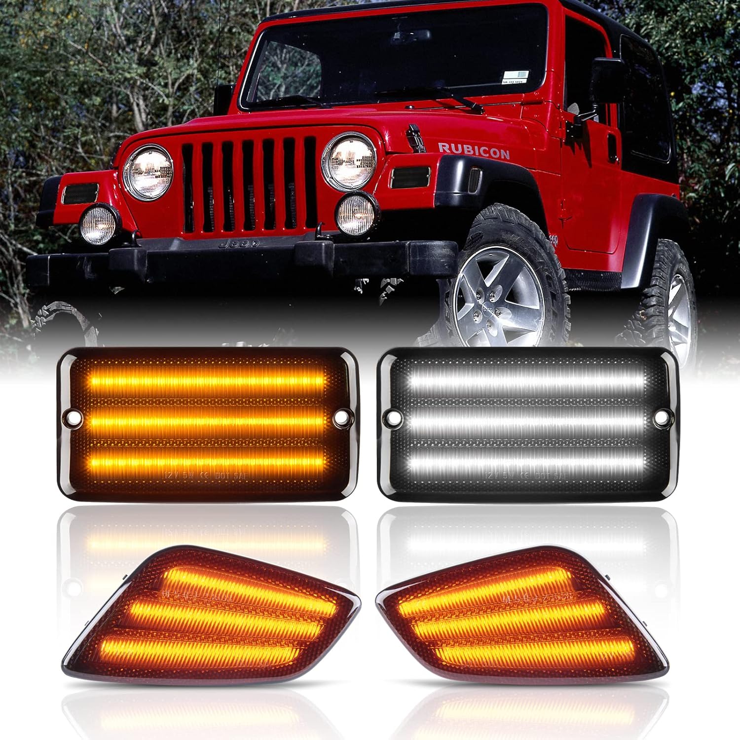 BRAND, CATEGORY, GEMPRO, SIDE MARKER ASSEMBLIES, Gempro Led Fender Side Marker Lights Bumper Turn Signal Lamps Kits for 1997-2006 Wrangler TJ 55155629AC 55155628AC, Smoked Len 4pcs