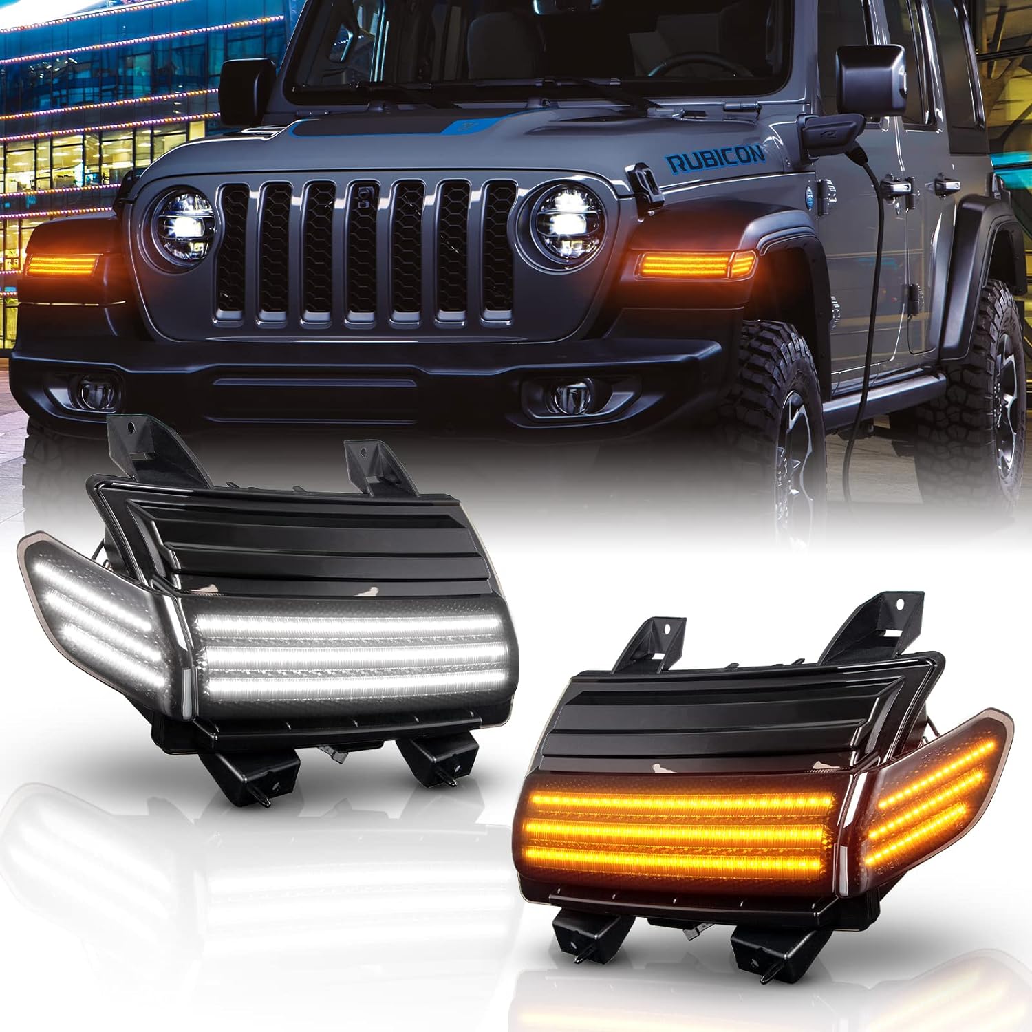 BRAND, CATEGORY, GEMPRO, SIDE MARKER ASSEMBLIES, Gempro Led Fender Side Marker Turn Signal Lights Kits for J'eep Wrangler JL 2018-2020, Smoked Len 4pcs [Sequential Amber Turn Signals&White DRL]