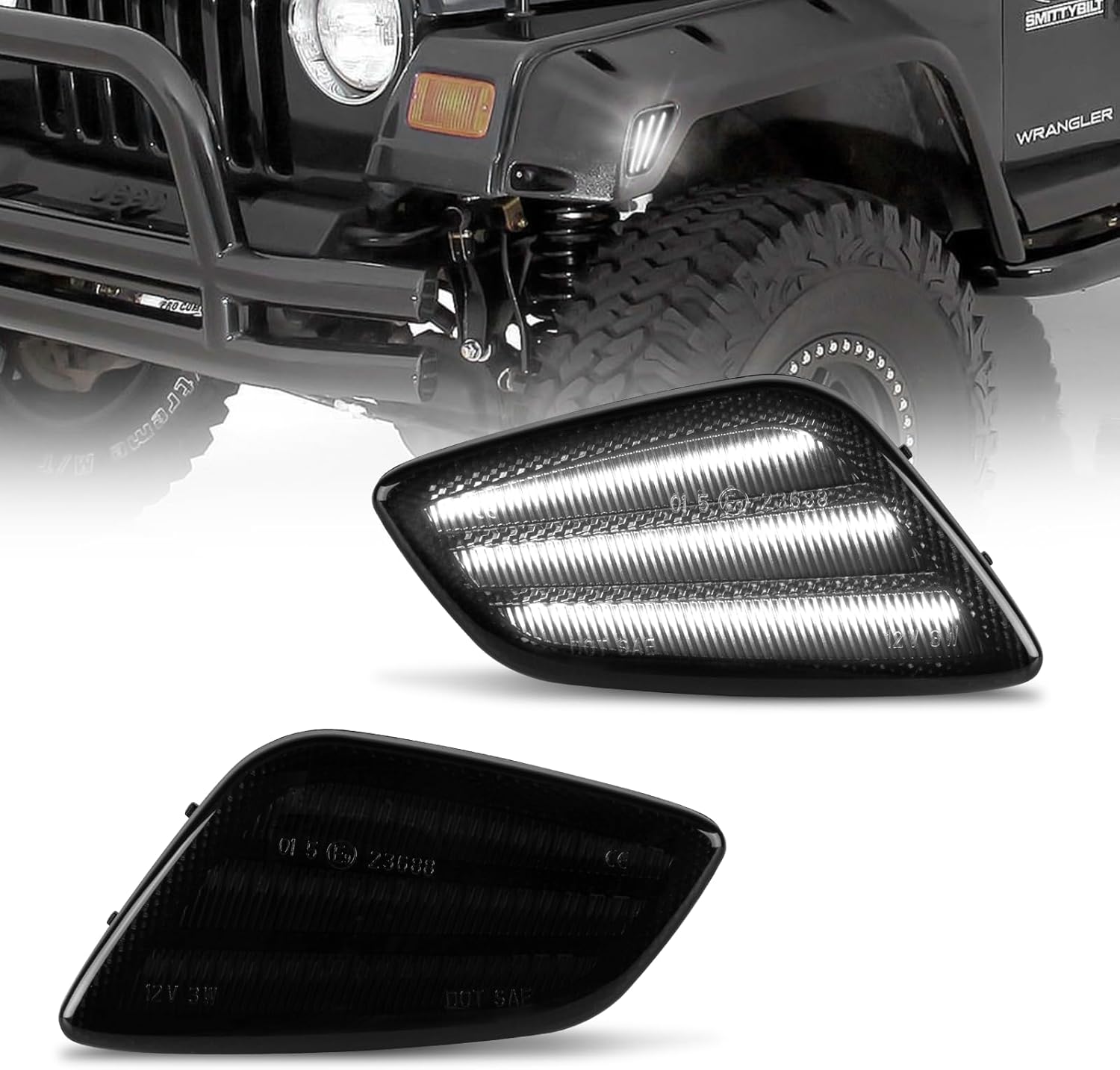 BRAND, CATEGORY, GEMPRO, SIDE MARKER & TURN SIGNAL COMBOS, Gempro Led Sequential Front Turn Signal Lights White DRL for 1997-2006 Jeep Wrangler TJ Smoked Len