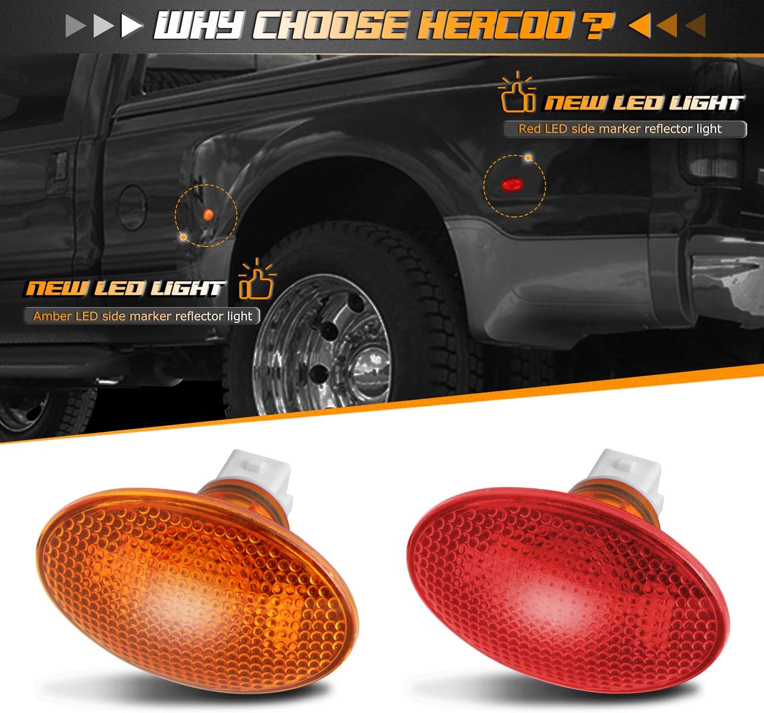 BRAND, CATEGORY, HERCOO, SIDE MARKER ASSEMBLIES, HERCOO Dually Bed Fender LED Side Marker Lights Front Rear Lamps Compatible with Ford 1999-2010 F350 F450 F550 Super Duty