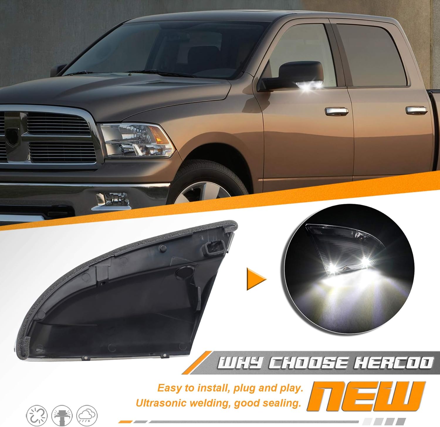 BRAND, CATEGORY, HERCOO, SIDE MARKER & TURN SIGNAL COMBOS, HERCOO LED Side Mirror Turn Signal Puddle Light Lamp Assembly Compatible with Dodge Ram 1500 2500 2010-2018, Ram 1500 Classic 2019-2022, Replacement for 68064949AA 68064948AA