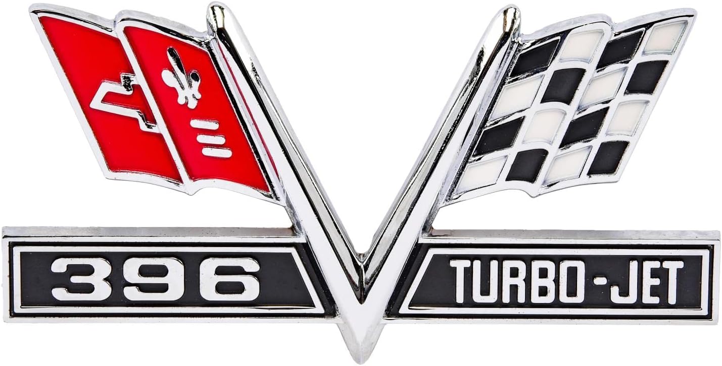 BRAND, CATEGORY, EMBLEMS, JEGS, JEGS 90403 396 Turbo-Jet Cross Flag Fender Emblem 1965-1967 Chevy Bel Air Biscay