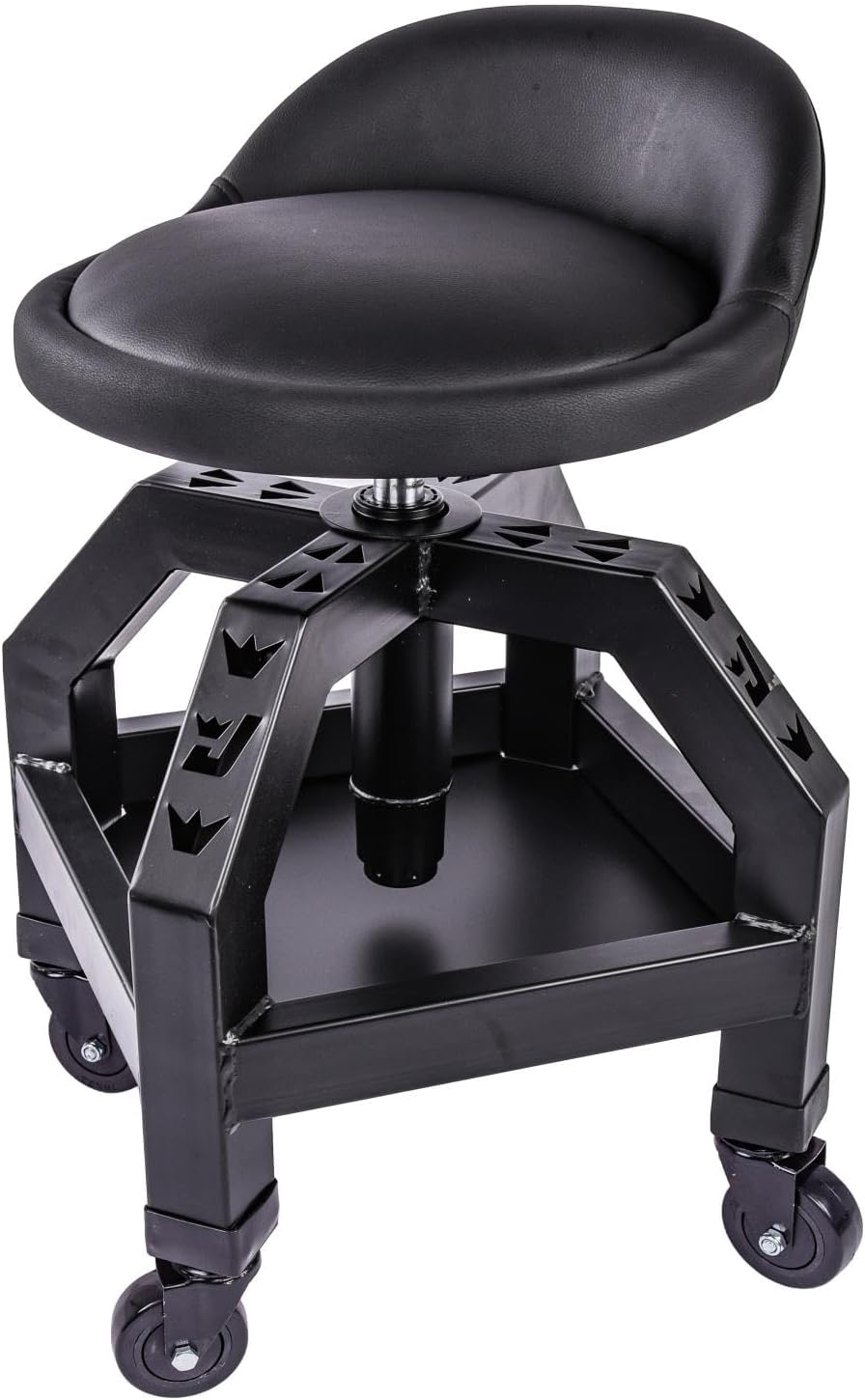 BRAND, CATEGORY, JEGS, ROLLER SEATS, JEGS Heavy-Duty Swivel Shop Stool | 330 lb. Capacity | Steel Frame | Black Powder Coat Finish | 22 in. to 27.50 in. Height Adjustment | 16 in. Foam-Padded Seat w/360 Degree Swivel