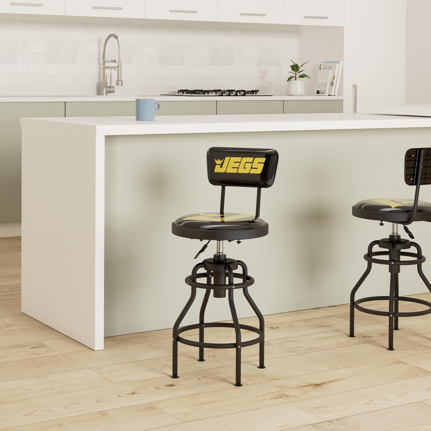 BRAND, CATEGORY, JEGS, ROLLER SEATS, JEGS Hydraulic Shop Stool with Backrest - Adjustable Height (28" to 32.5") & 360 Degree Work Stool Swivel - Vinyl Padded Seat & Backrest Garage Stool - Heavy Duty Workshop Stool - Up to 300lb Capacity