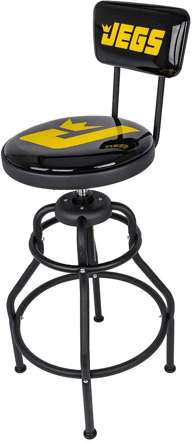 BRAND, CATEGORY, JEGS, ROLLER SEATS, JEGS Hydraulic Shop Stool with Backrest - Adjustable Height (28" to 32.5") & 360 Degree Work Stool Swivel - Vinyl Padded Seat & Backrest Garage Stool - Heavy Duty Workshop Stool - Up to 300lb Capacity