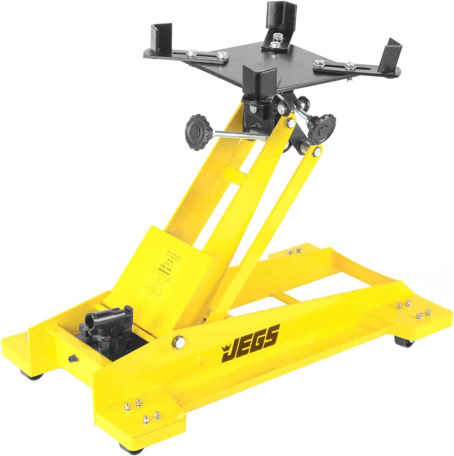 BRAND, CATEGORY, JEGS, TRANSMISSION JACKS, JEGS Low Profile Transmission Floor Jack - 1,000 LBS Lift Capacity - Lift Range 8.5” to 23” - 360 Degrees Pump Handle Rotation & Adjustable Load Support Arms - Yellow or Black Steel Frame