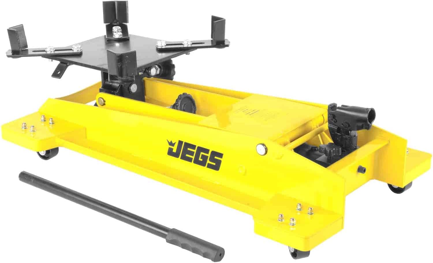 BRAND, CATEGORY, JEGS, TRANSMISSION JACKS, JEGS Low Profile Transmission Floor Jack - 1,000 LBS Lift Capacity - Lift Range 8.5” to 23” - 360 Degrees Pump Handle Rotation & Adjustable Load Support Arms - Yellow or Black Steel Frame