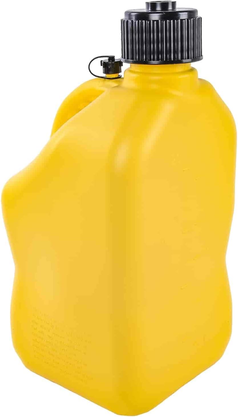 BRAND, CATEGORY, GAS CANS, JEGS, JEGS Square Yellow Jug | 5-Gallon Capacity | Contoured Handle | Exterior Fluid Level Markings | Leak-Free Seal | Unbreakable Cap | Made In USA