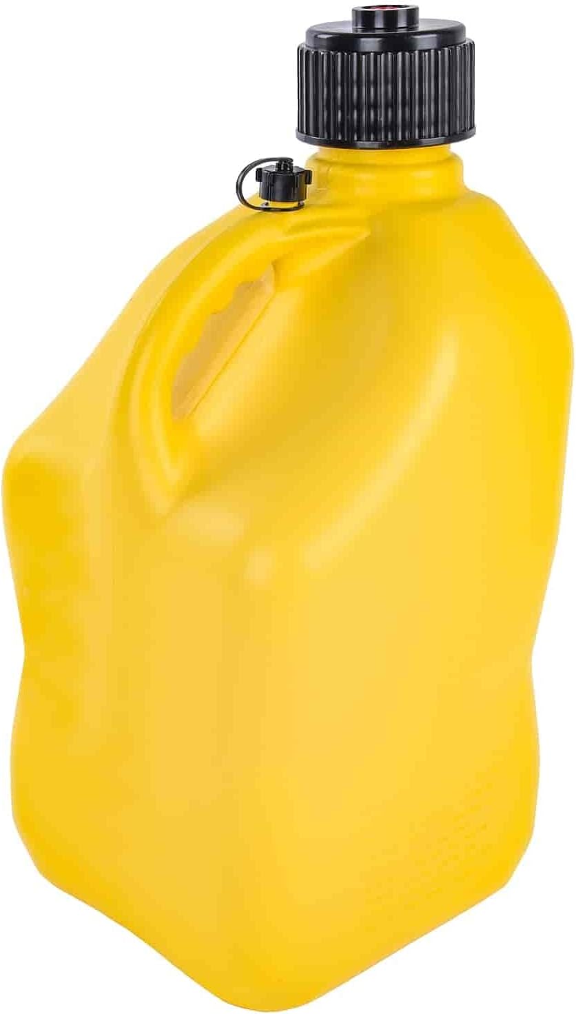 BRAND, CATEGORY, GAS CANS, JEGS, JEGS Square Yellow Jug | 5-Gallon Capacity | Contoured Handle | Exterior Fluid Level Markings | Leak-Free Seal | Unbreakable Cap | Made In USA