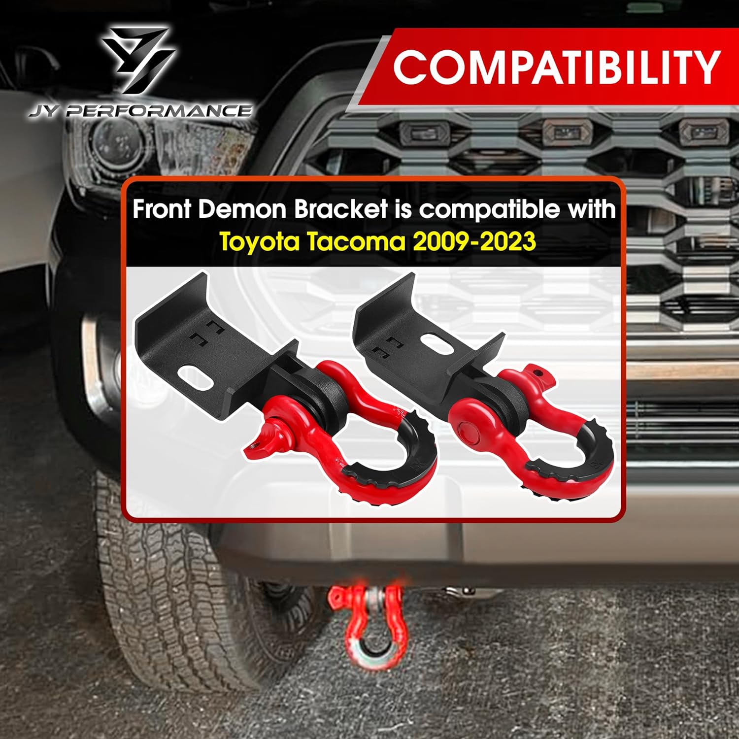 BRAND, CATEGORY, JY PERFORMANCE, TOW HOOKS, JY PERFORMANCE Front Demon Tow Hook Brackets with 3/4in Shackle D Rings Compatible with Fits for Toyota Tacoma 2009-2023