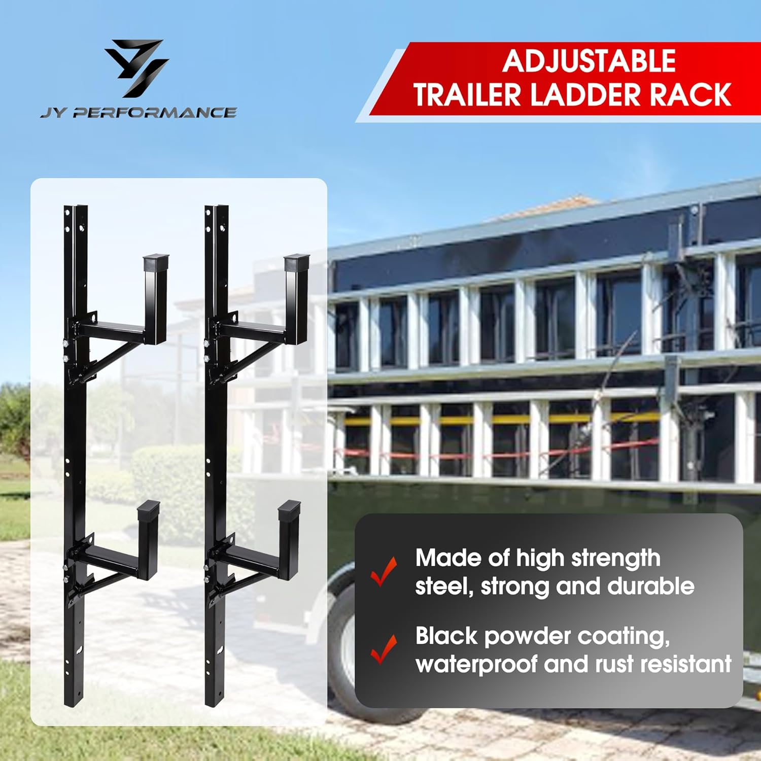 BRAND, CATEGORY, JY PERFORMANCE, LADDER RACKS, JY PERFORMANCE Side Mount Ladder Rack For Trailer, Adjustable Heavy Duty Steel Ladder Rack for Open/Enclosed Trailer Exterior Wall, 2 Ladders 300 LBS Capacity