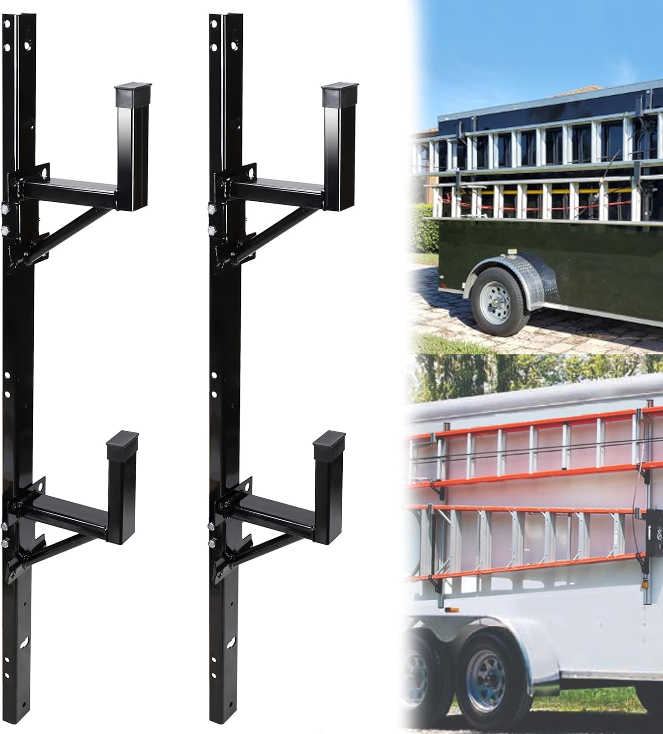 BRAND, CATEGORY, JY PERFORMANCE, LADDER RACKS, JY PERFORMANCE Side Mount Ladder Rack For Trailer, Adjustable Heavy Duty Steel Ladder Rack for Open/Enclosed Trailer Exterior Wall, 2 Ladders 300 LBS Capacity