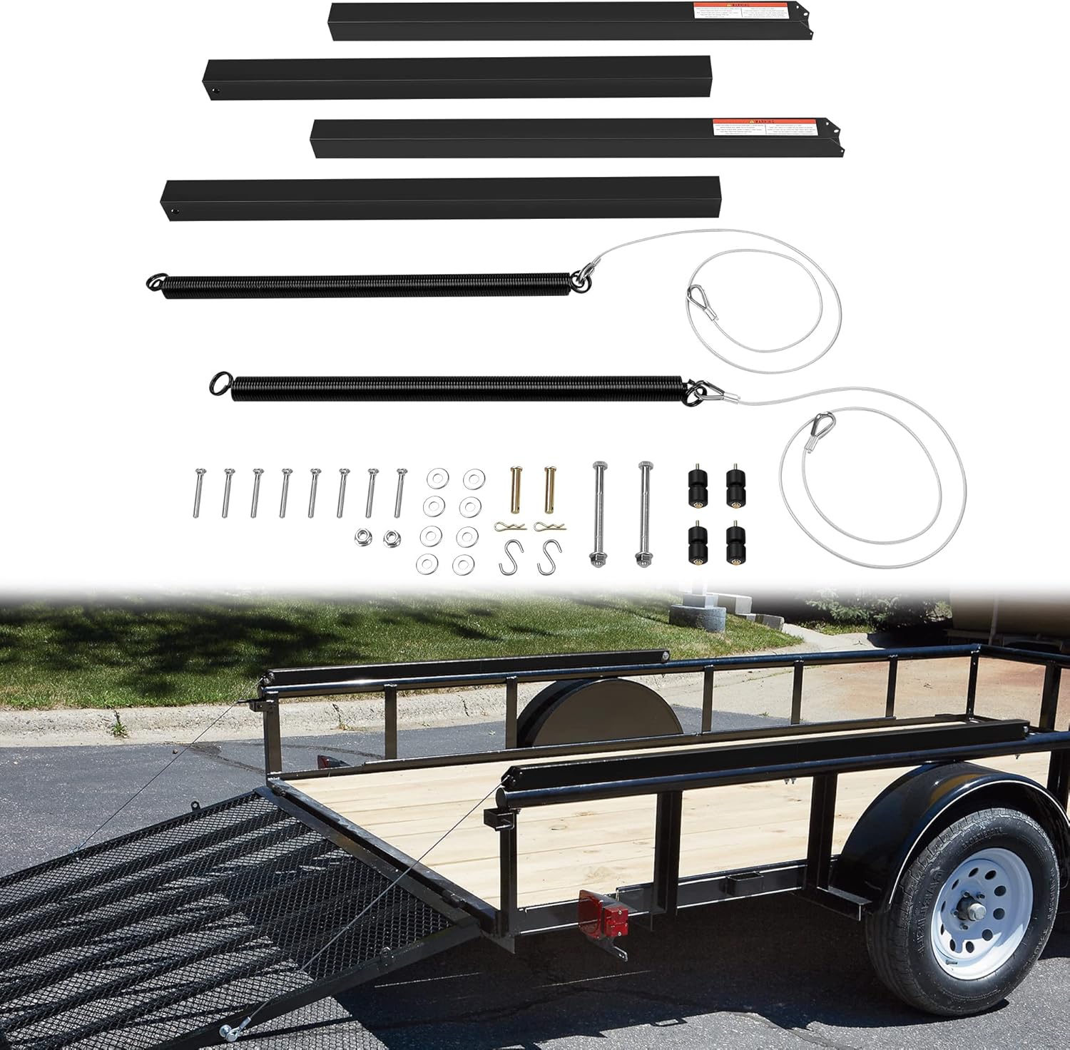 BRAND, CATEGORY, JY PERFORMANCE, TRUCK BEDS & TAILGATES, JY PERFORMANCE Trailer Tailgate Lift Assist Kit, for Open Utility Trailer Tailgate Ramp, 2 Sides Black, with 12 to 24 Inch Heights Side Rail and 4 to 6 Feet Height Tail Gate or Ramp