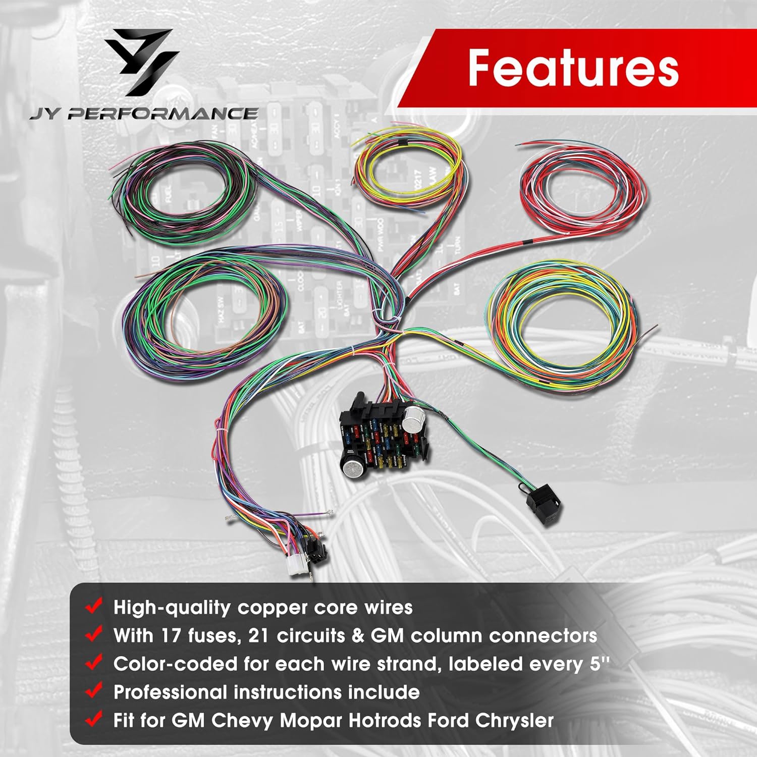 BRAND, CATEGORY, JY PERFORMANCE, WIRING HARNESSES, JY PERFORMANCE Universal 21 Circuit Wiring Harness Kit Extra Long Wire Standard Color 17 Fuses for GM Chevy Mopar Hotrods Ford Chrysler