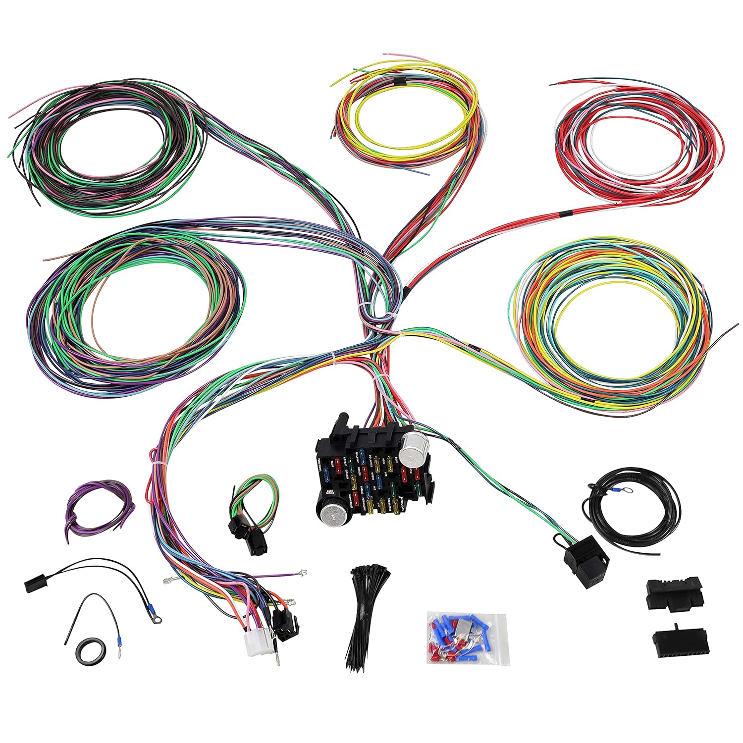 BRAND, CATEGORY, JY PERFORMANCE, WIRING HARNESSES, JY PERFORMANCE Universal 21 Circuit Wiring Harness Kit Extra Long Wire Standard Color 17 Fuses for GM Chevy Mopar Hotrods Ford Chrysler