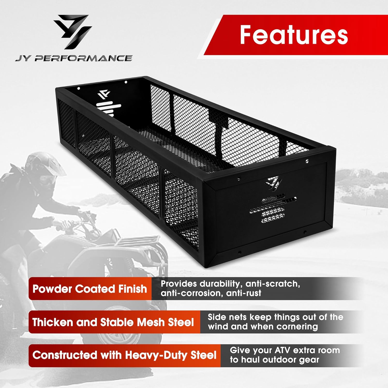 BRAND, CARGO RACKS, CATEGORY, JY PERFORMANCE, JY Performance Universal ATV Front Cargo Basket Black Steel Storage Rack for Camping/Fishing/Beach Side/Hiking