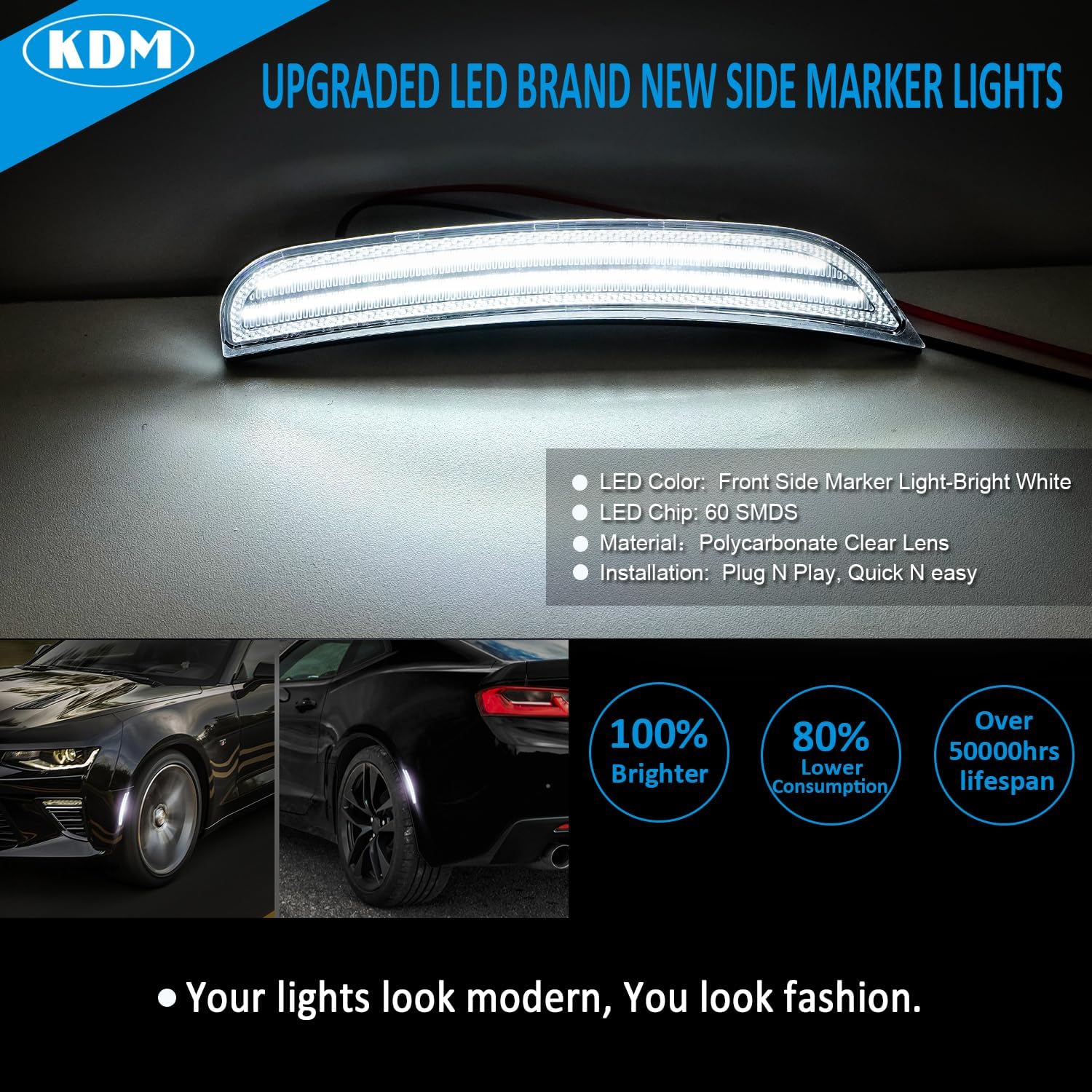 BRAND, CATEGORY, KDM, SIDE MARKER ASSEMBLIES, KDM Clear Lens LED Bumper Side Marker Reflectors Lights Dual Rows Bright White, Fit for 2015 2016 2017 2018 2019 2020 2021 2022 2023 2024 Chrysler 300,Front & Rear Fender Bumper Lamp,4Pcs Pack