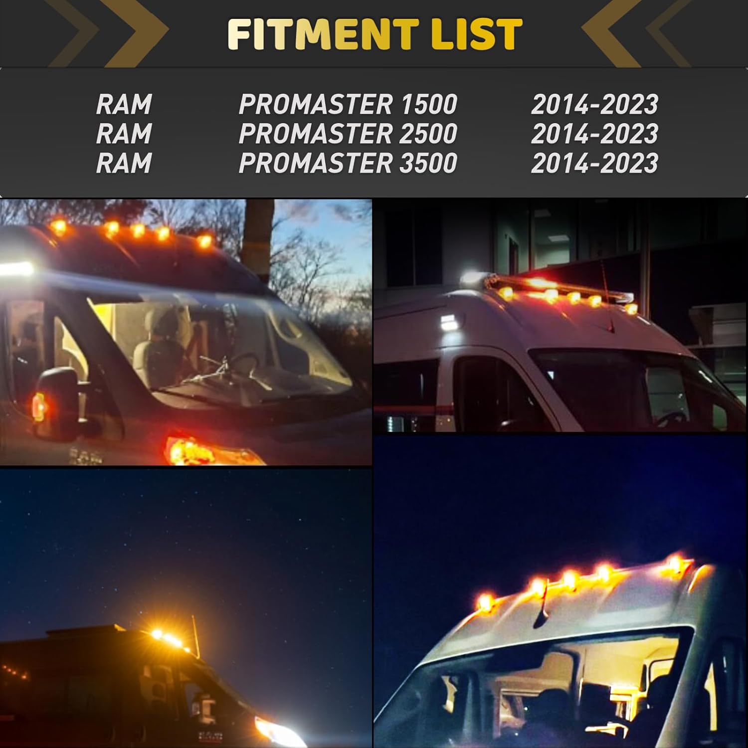 BRAND, CATEGORY, TOP CLEARANCE MARKER ASSEMBLIES, WAHMOTOTIN, LED Cab Roof Lights Amber Top Clearance Marker Lights Fit For 2014-2023 RAM PROMASTER 1500 2500 3500 Van,Waterproof IP67(Qty:5)