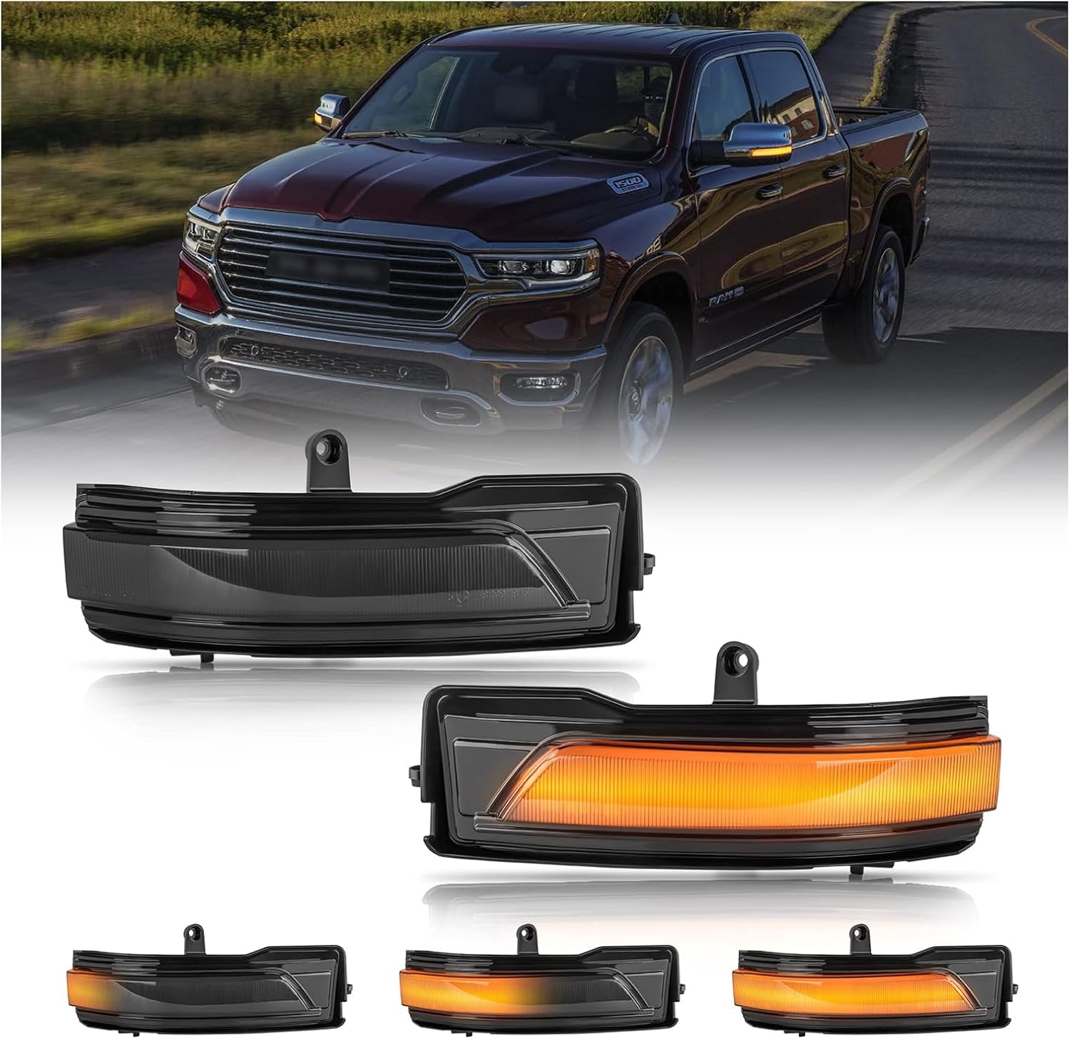 BRAND, CATEGORY, POPMOTORZ, TURN SIGNAL ASSEMBLIES & LENSES, LED Sequential Dynamic Mirror Turn Signal Lights, 2 Pack(LH+RH) LED Amber Blink Rear View Mirrors Indicator Lamps for Dodge Ram 1500 2019-2024 Blinker Indicator Turn Signal Light Smoked Lens