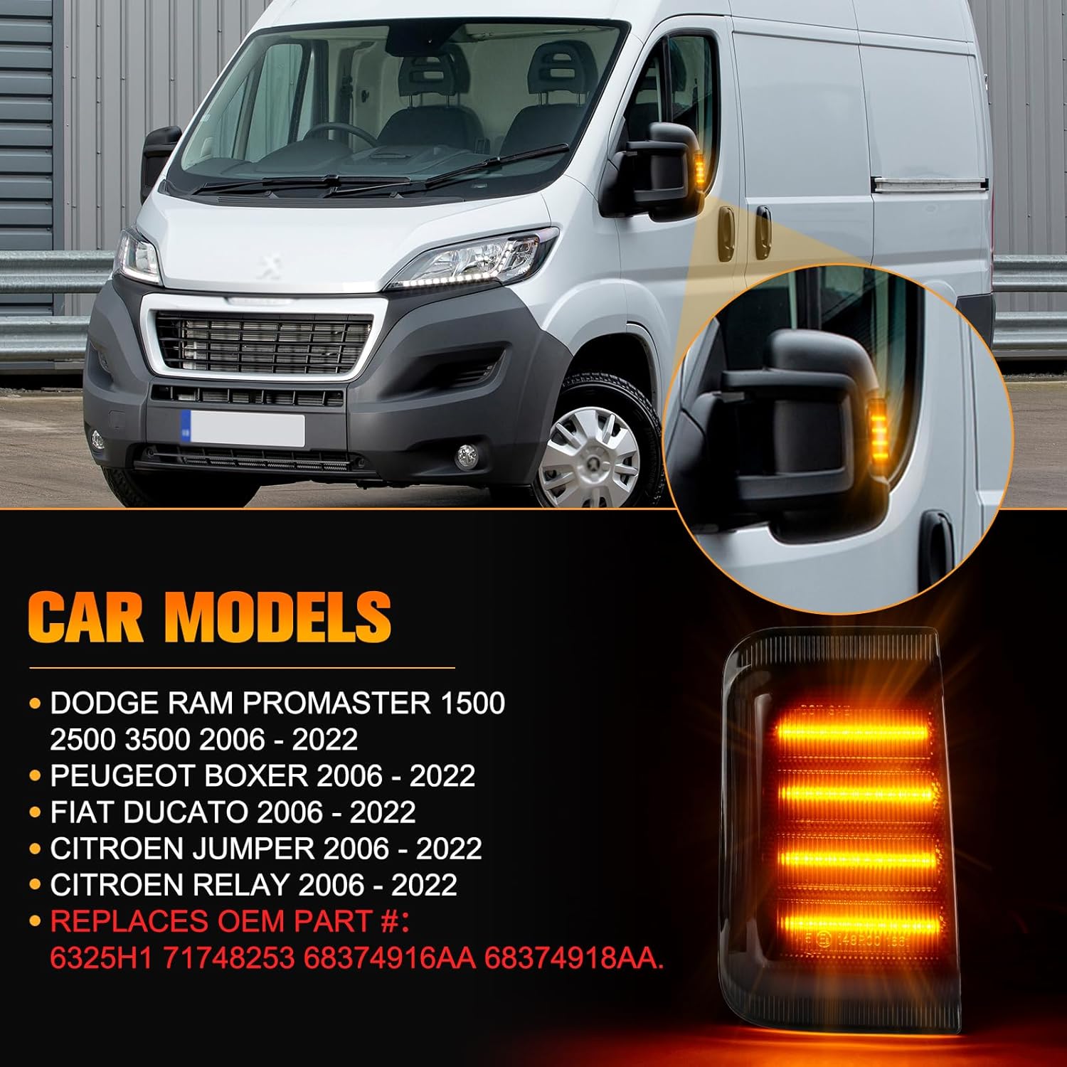 BRAND, CATEGORY, SIDE MARKER & TURN SIGNAL COMBOS, UNIONSTAR, LED Sequential Turn Signal Light Side Mirror Marker Light For 2014-2023 DODGE RAM PROMASTER 1500 2500 3500 Dynamic Amber Turn Signal Direction Indicator lamp Smoked Lens