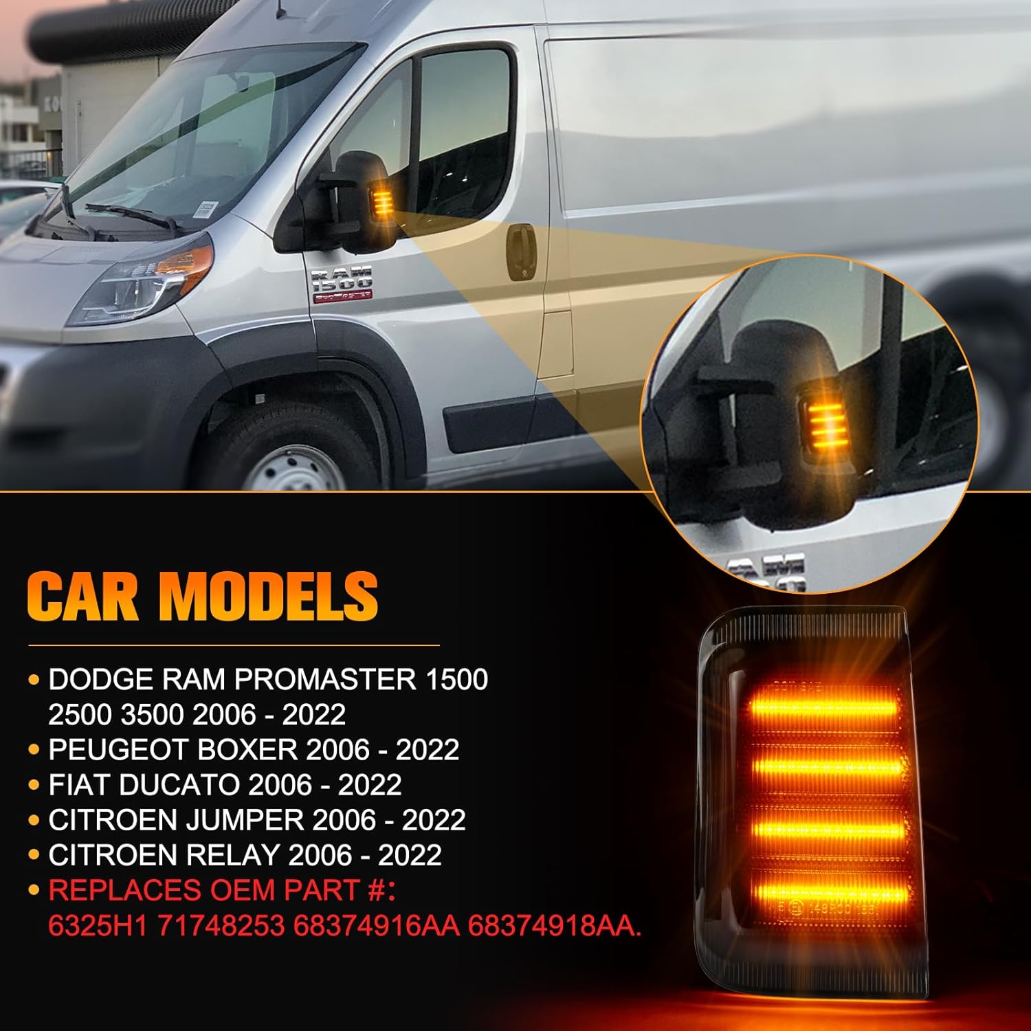 BRAND, CATEGORY, SIDE MARKER & TURN SIGNAL COMBOS, UNIONSTAR, LED Turn Signal Light Side Mirror Marker Light For 2014-2023 DODGE RAM PROMASTER 1500 2500 3500 Amber Turn Signal Direction Indicator lamp Smoked Lens