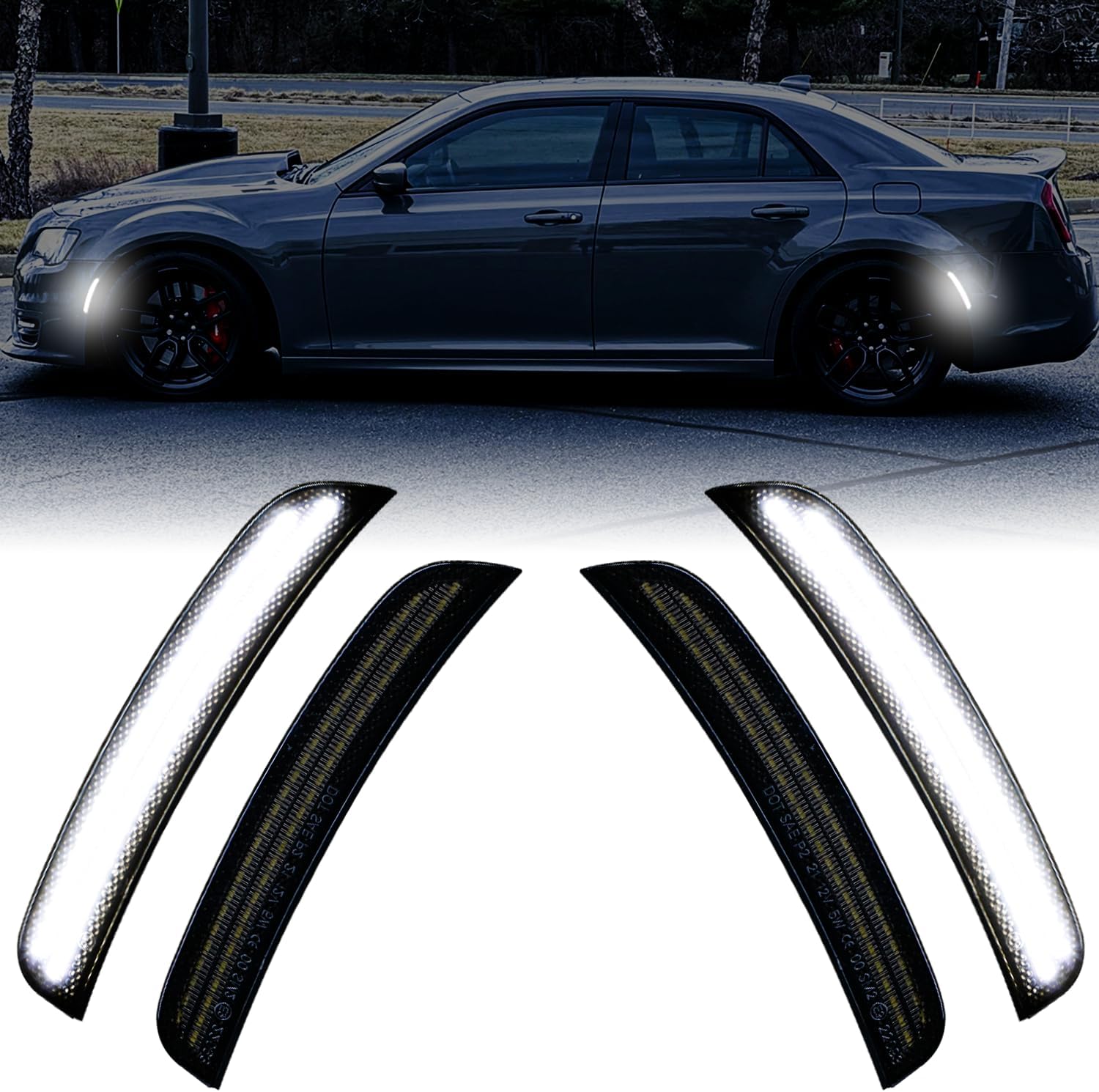 BRAND, CATEGORY, SIDE MARKER ASSEMBLIES, VKLK, Led Side Marker Lights Compatible With Chrysler 300 2015 2016 2017 2018 2019 2020 2021 2022 2023 2024 White LED Side Marker Lamps Smoked Lens Front Rear Fender Kits 4 Pack