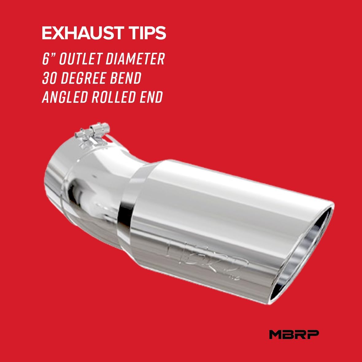 BRAND, CATEGORY, EXHAUST PIPES & TIPS, MBRP, MBRP T5154 T304 Angled Rolled End Tip with 6" O.D., 5" Inlet, 15 1/2" in Length, 30 Degree Bend