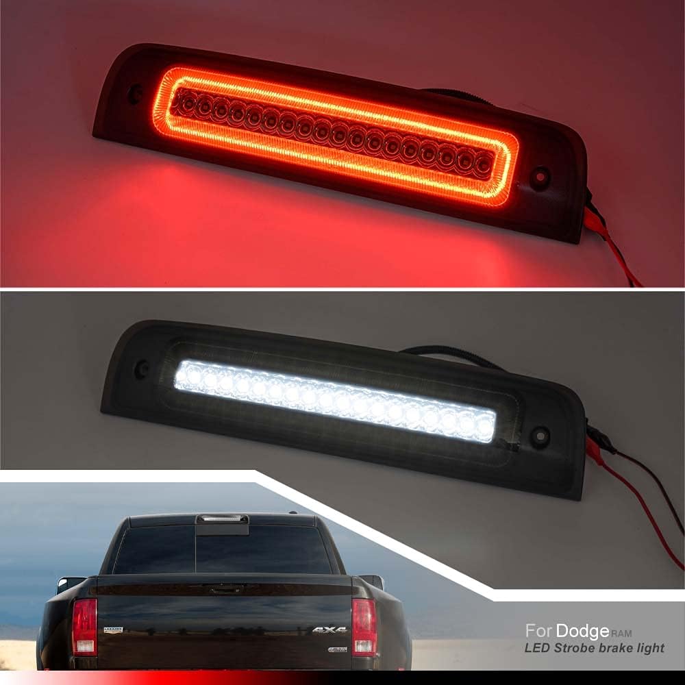 BRAND, CATEGORY, HIGH MOUNT STOP LIGHTS, NJSBYL, NJSBYL High Mount Stop Signal Lamp for 2009-2018 D0dge Ram 1500 2500 3500 Smoked Lens Flash Red LED 3rd Brake Lights + White LED Reverse Lights/Roof Cargo Lights