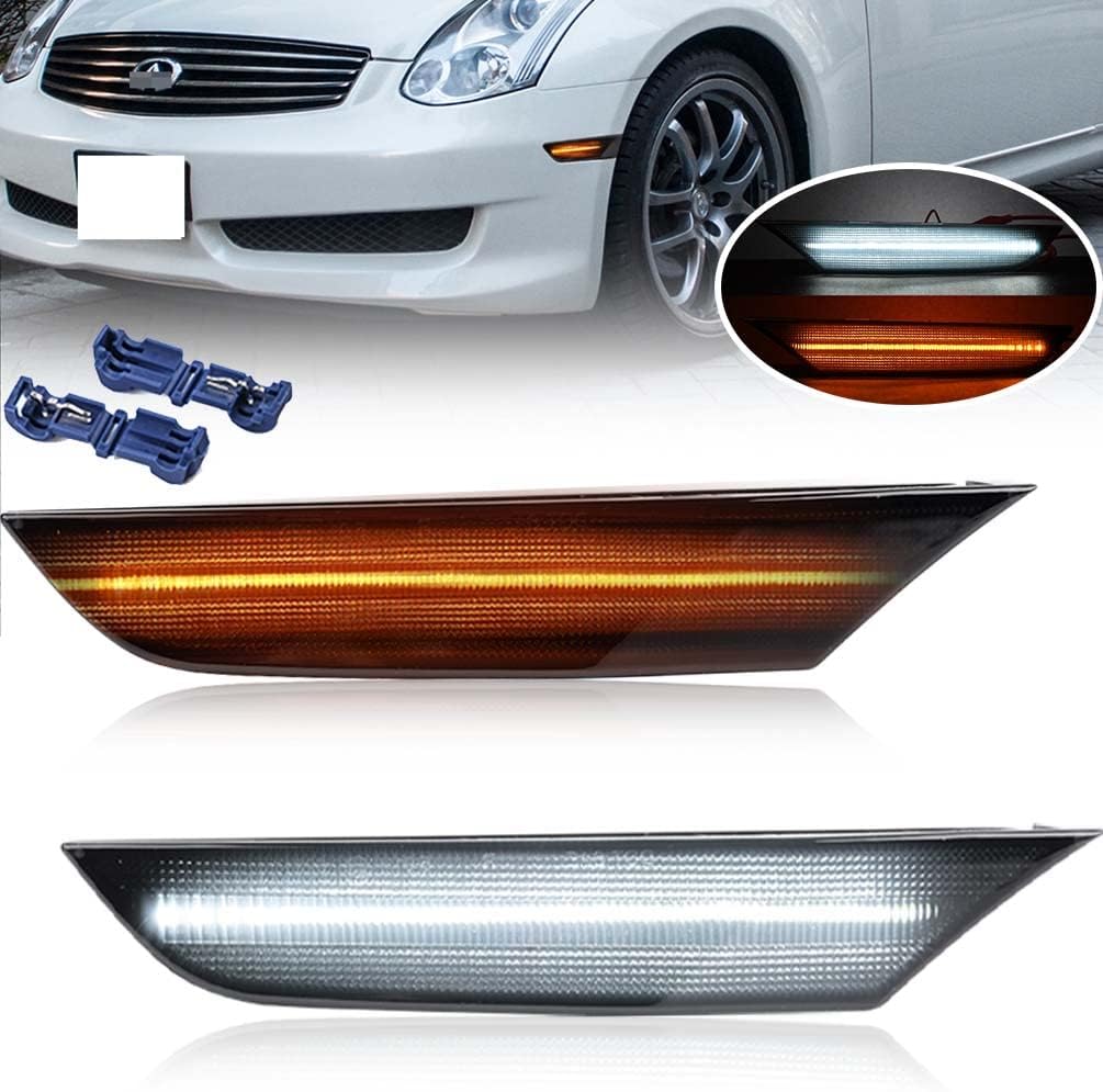 BRAND, CATEGORY, NJSBYL, SIDE MARKER ASSEMBLIES, G35 Side Marker Lights for 2003 2004 2005 2006 2007 Infiniti G35 Base/X/Sport/Journey Black Smoked Lens Amber/White Switchback LED Front Bumper Turn Signal Sidemarker Lamps OEM 26180AM800 26185AM800