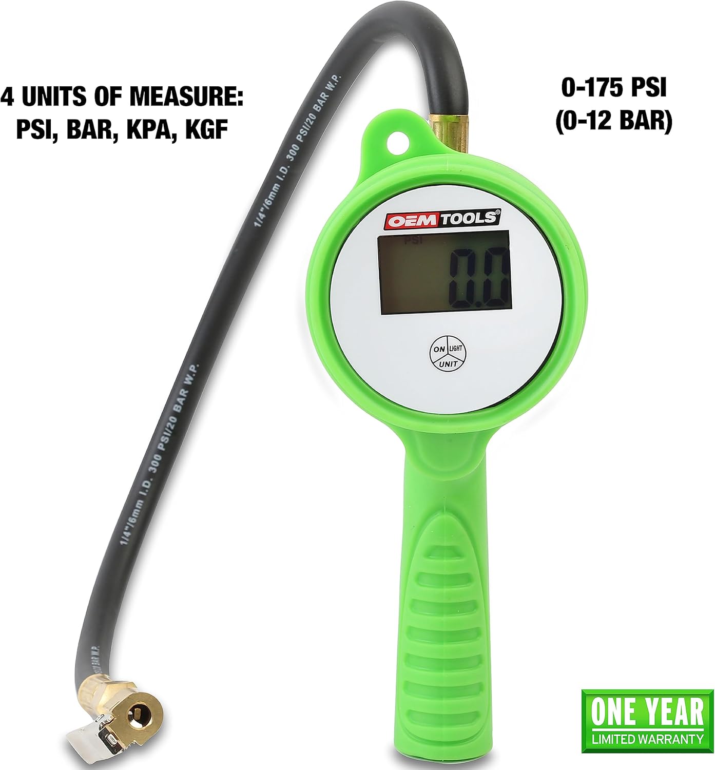 BRAND, CATEGORY, GAUGE SETS, OEMTOOLS, OEMTOOLS 24412 Digital Tire Inflator with Tire Pressure Gauge, Digital LCD Display, 0 to 175 PSI Air Pressure Gauge for Tires with 21” Hose and Clip-On Air Chuck