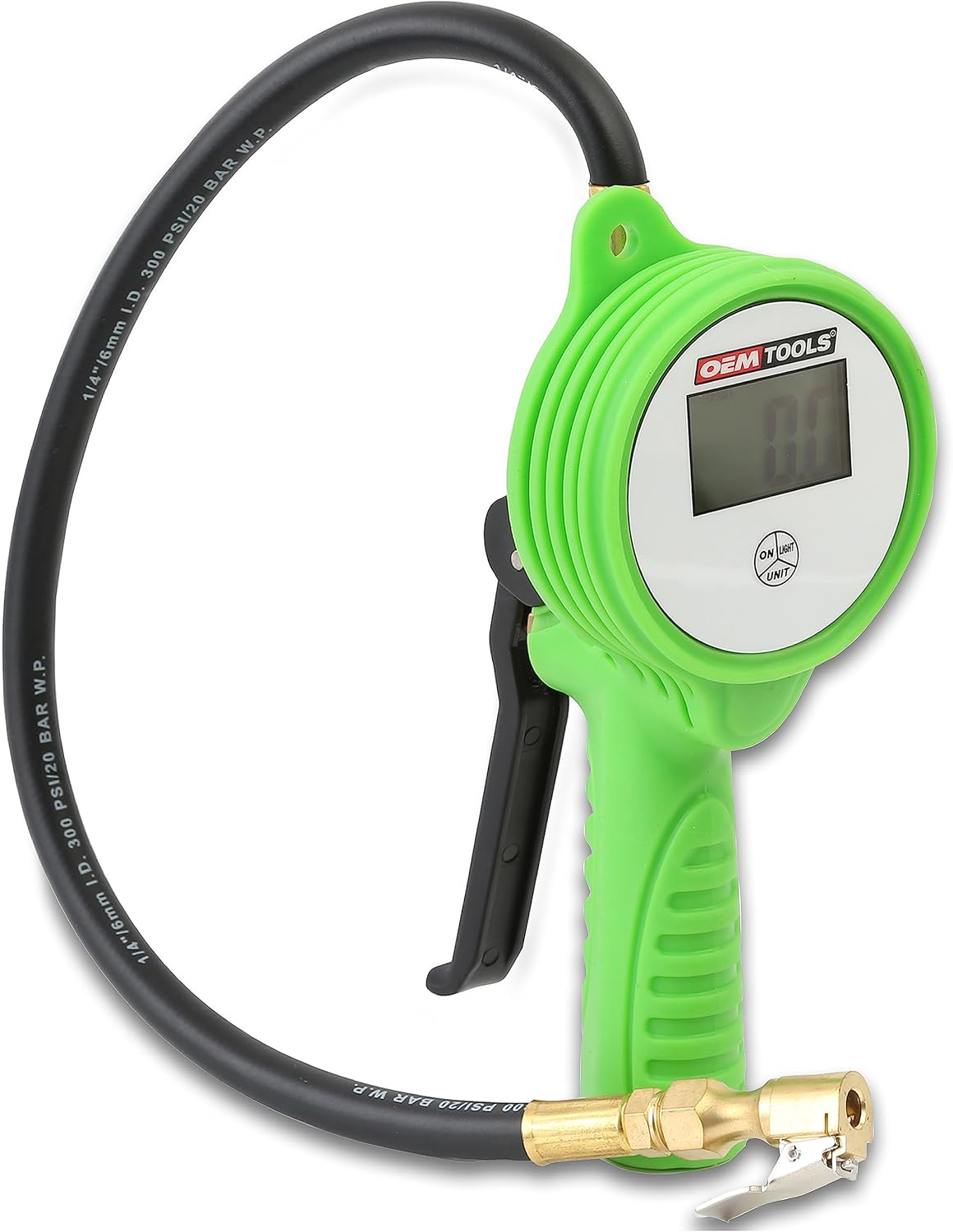 BRAND, CATEGORY, GAUGE SETS, OEMTOOLS, OEMTOOLS 24412 Digital Tire Inflator with Tire Pressure Gauge, Digital LCD Display, 0 to 175 PSI Air Pressure Gauge for Tires with 21” Hose and Clip-On Air Chuck