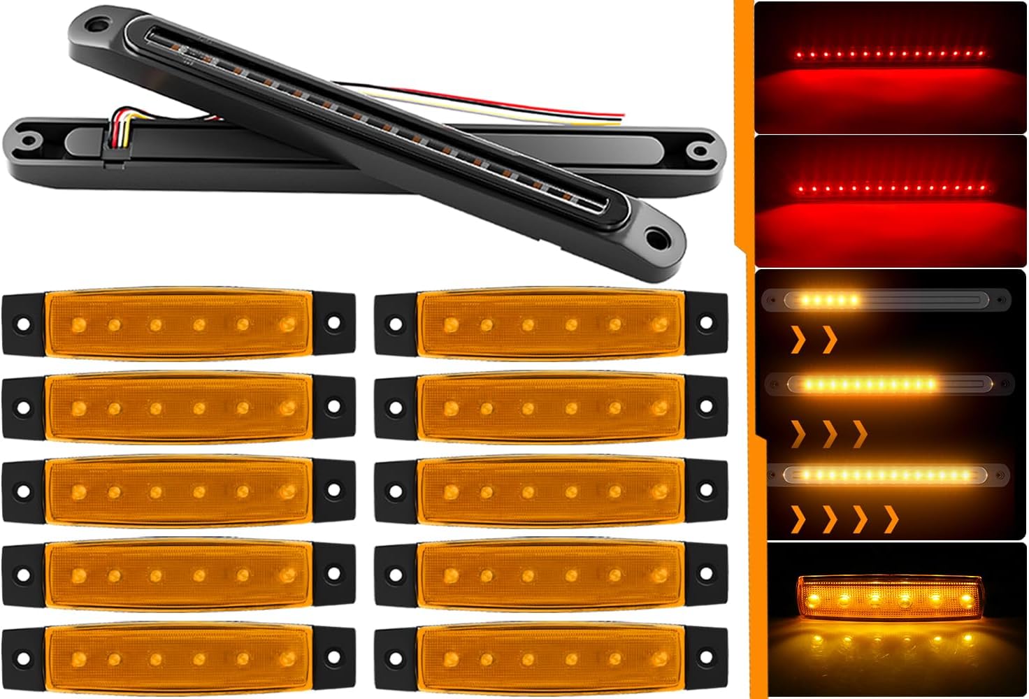 BRAND, CATEGORY, OTHER, PSEQT, PSEQT 10'' Trailer Brake Stop Turn Signal Tail Led Lights Red & Amber, 2Pcs + 3.9'' Amber LED Rock Underglow Grille Fender Strip Lights, 10Pcs