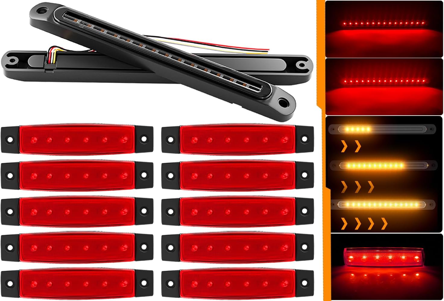 BRAND, CATEGORY, OTHER, PSEQT, PSEQT 10'' Trailer Brake Stop Turn Signal Tail Led Lights Red & Amber, 2Pcs + 3.9'' Red LED Rock Underglow Grille Fender Strip Lights, 10Pcs