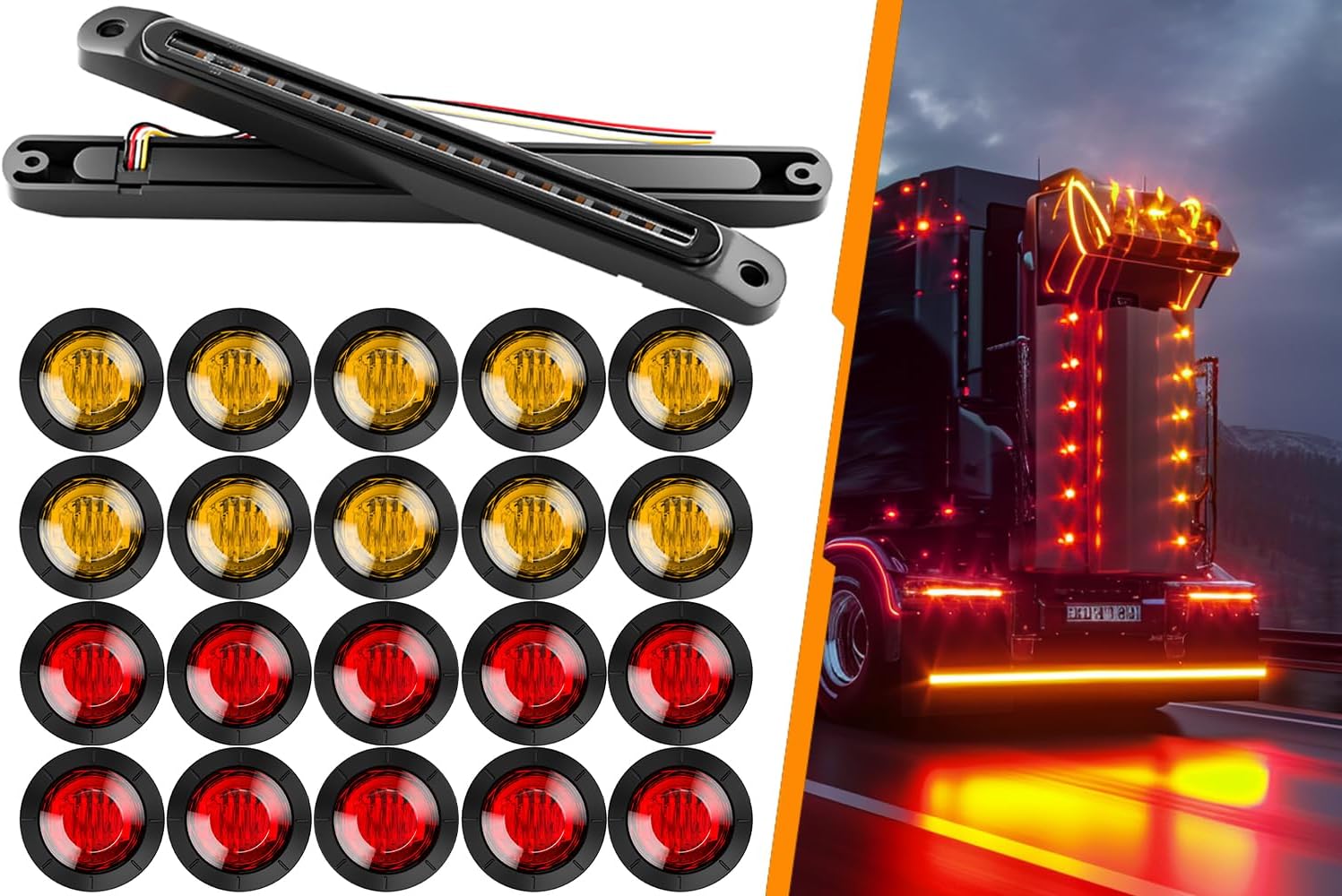 BRAND, CATEGORY, OTHER, PSEQT, PSEQT 10'' Trailer Brake Stop Turn Signal Tail Led Lights Red & Amber, 2Pcs + 3/4'' Round Led Side Marker Clearance Lights, 10Pcs Red & 10Pcs Amber