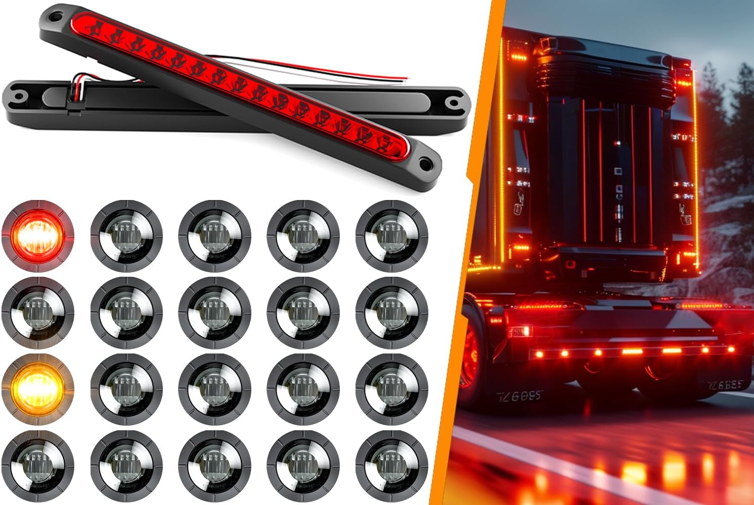 BRAND, CATEGORY, PSEQT, SIDE MARKER ASSEMBLIES, PSEQT 10'' Trailer Brake Tail Light Bar Red, 2Pcs + 3/4'' LED Side Marker Clearance Round Lights w/Smoked Lens 10pcs Amber & 10pcs Red