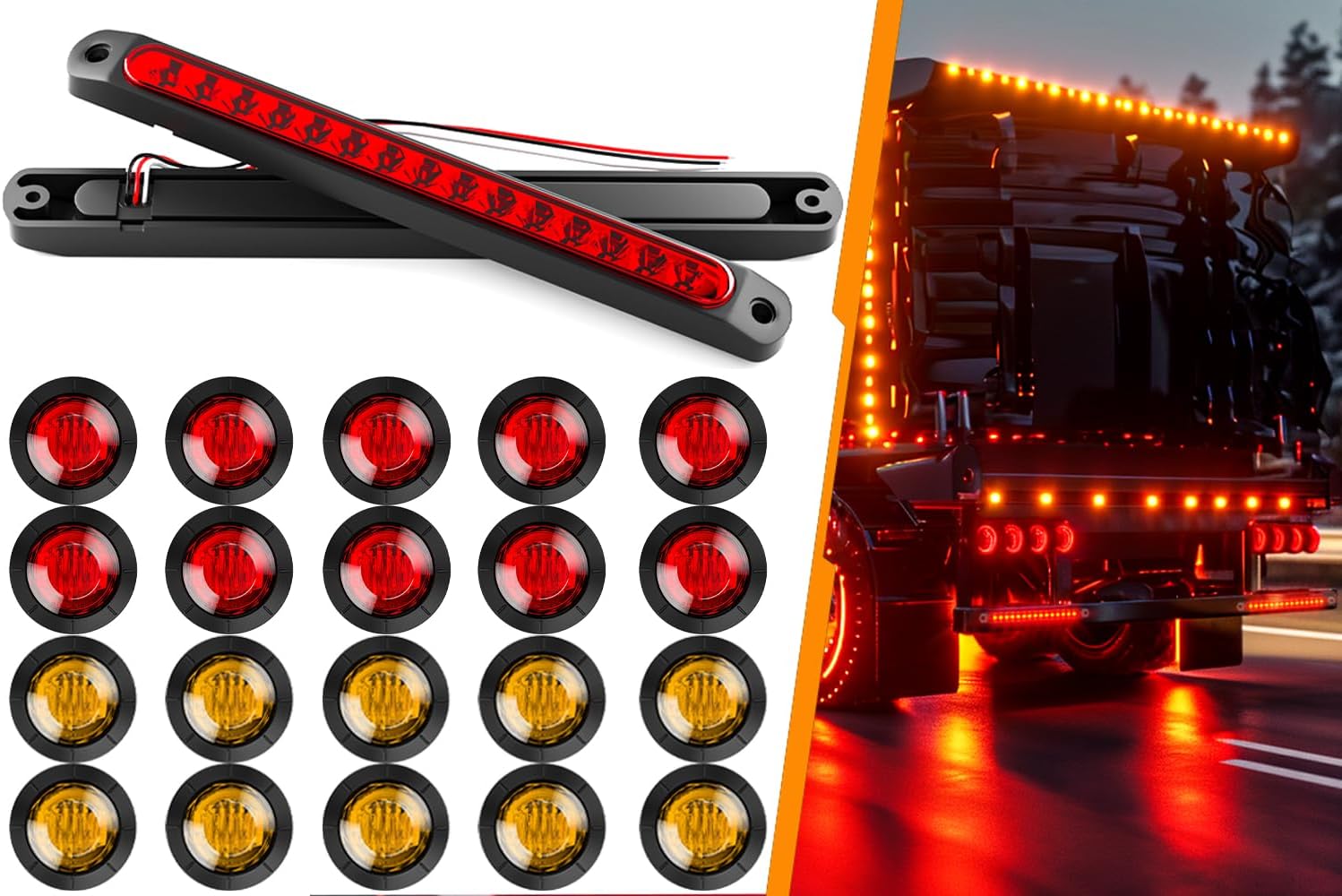 BRAND, CATEGORY, PSEQT, SIDE MARKER ASSEMBLIES, PSEQT 10'' Trailer Brake Tail Light Bar + Side Marker Lights Clearance 10pcs Amber & 10pcs Red