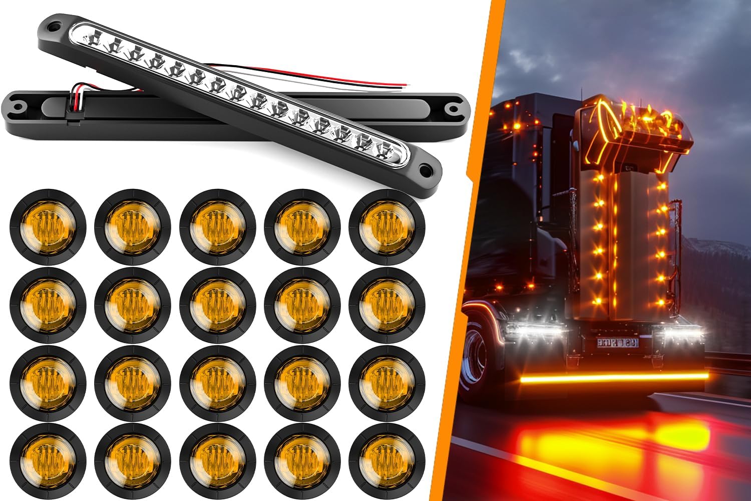 BRAND, CATEGORY, OTHER, PSEQT, PSEQT 10'' Trailer Tail Led Lights White, 2Pcs + 3/4'' Round Led Rock Side Marker Lights Amber, 20Pcs