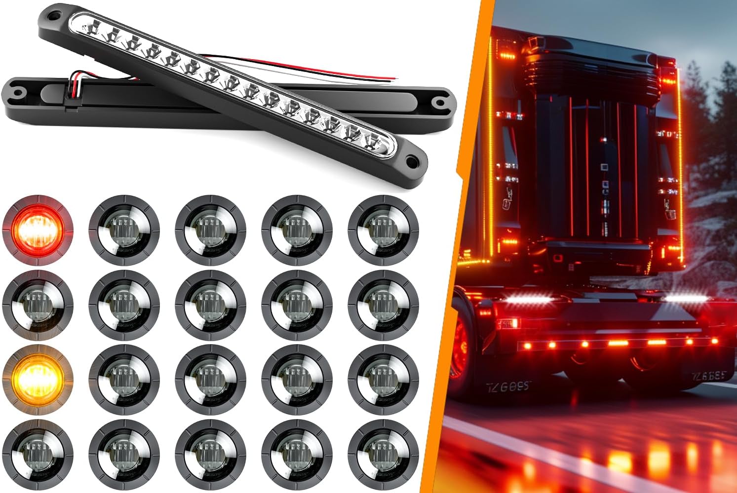 BRAND, CATEGORY, PSEQT, SIDE MARKER ASSEMBLIES, PSEQT 10'' Trailer Tail Running Light Bar White, 2Pcs + 3/4'' LED Side Marker Clearance Round Lights w/Smoked Lens 10pcs Amber & 10pcs Red