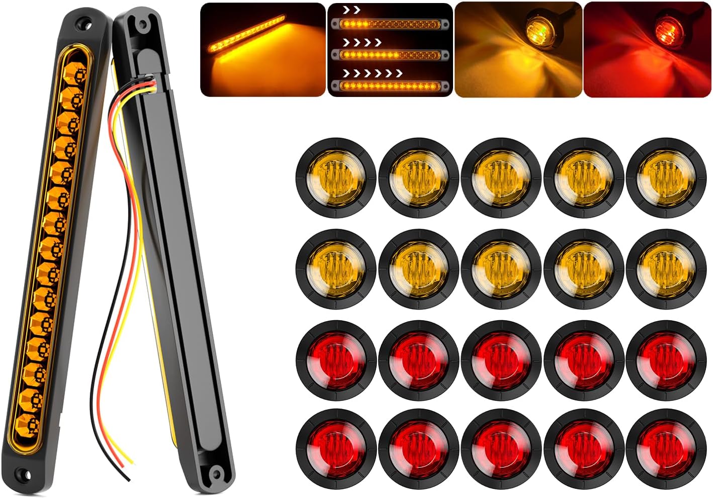 BRAND, CATEGORY, PSEQT, SIDE MARKER ASSEMBLIES, PSEQT 10'' Trailer Turn Signal Tail Light Bar Amber, 2Pcs + 3/4'' Side Marker Clearance Lights 10pcs Amber & 10pcs Red