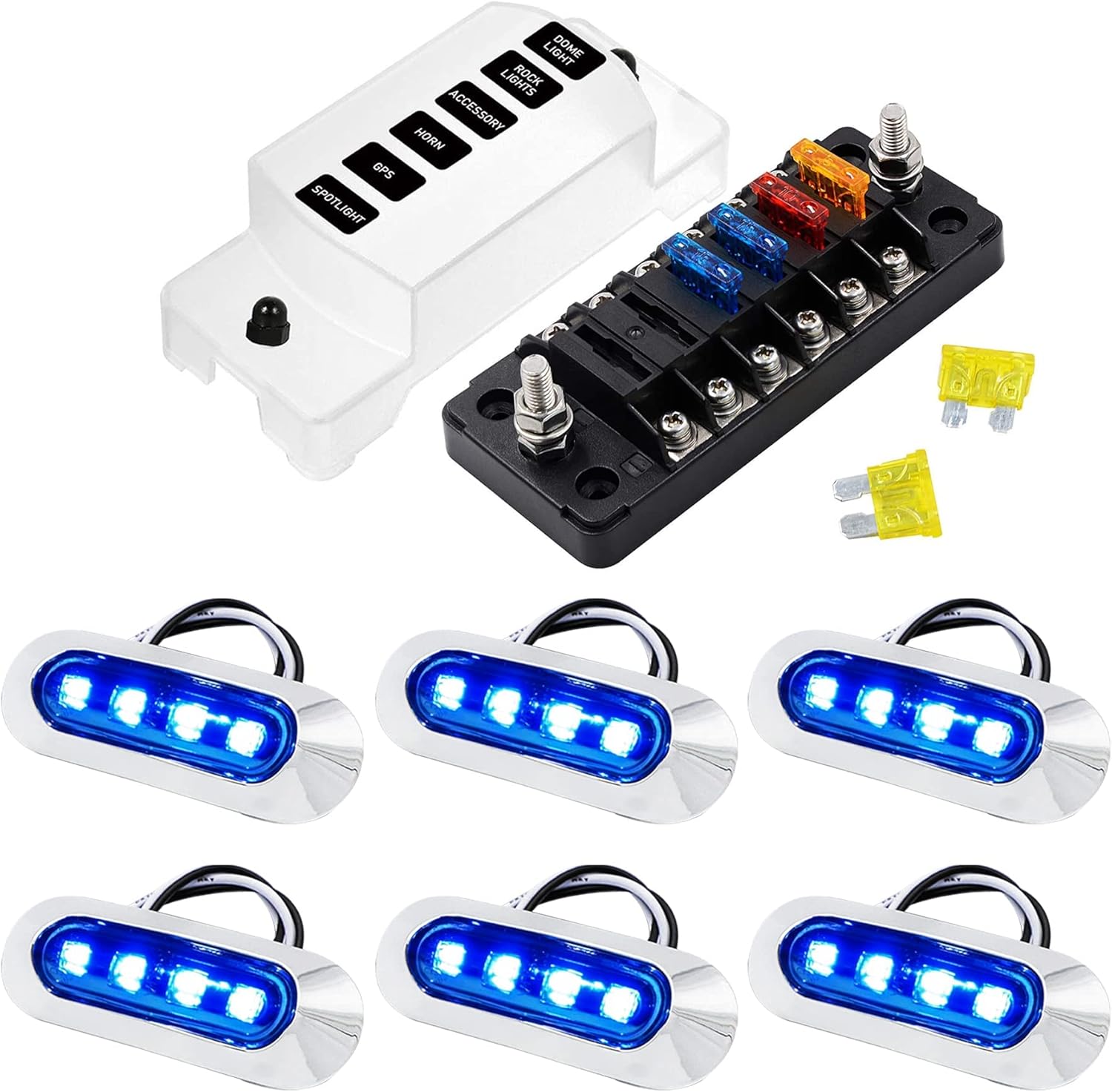 BRAND, CATEGORY, INTERIOR LIGHTS, PSEQT, PSEQT 3.8'' Waterproof Boat Marine LED Lights Courtesy Interior Deck Light 12V 24V for Pontoon Fishing Boat + Mini 6-Way Marine Blade Fuse Block, Automotive Fuse Box Standard Circuit Holder Panel